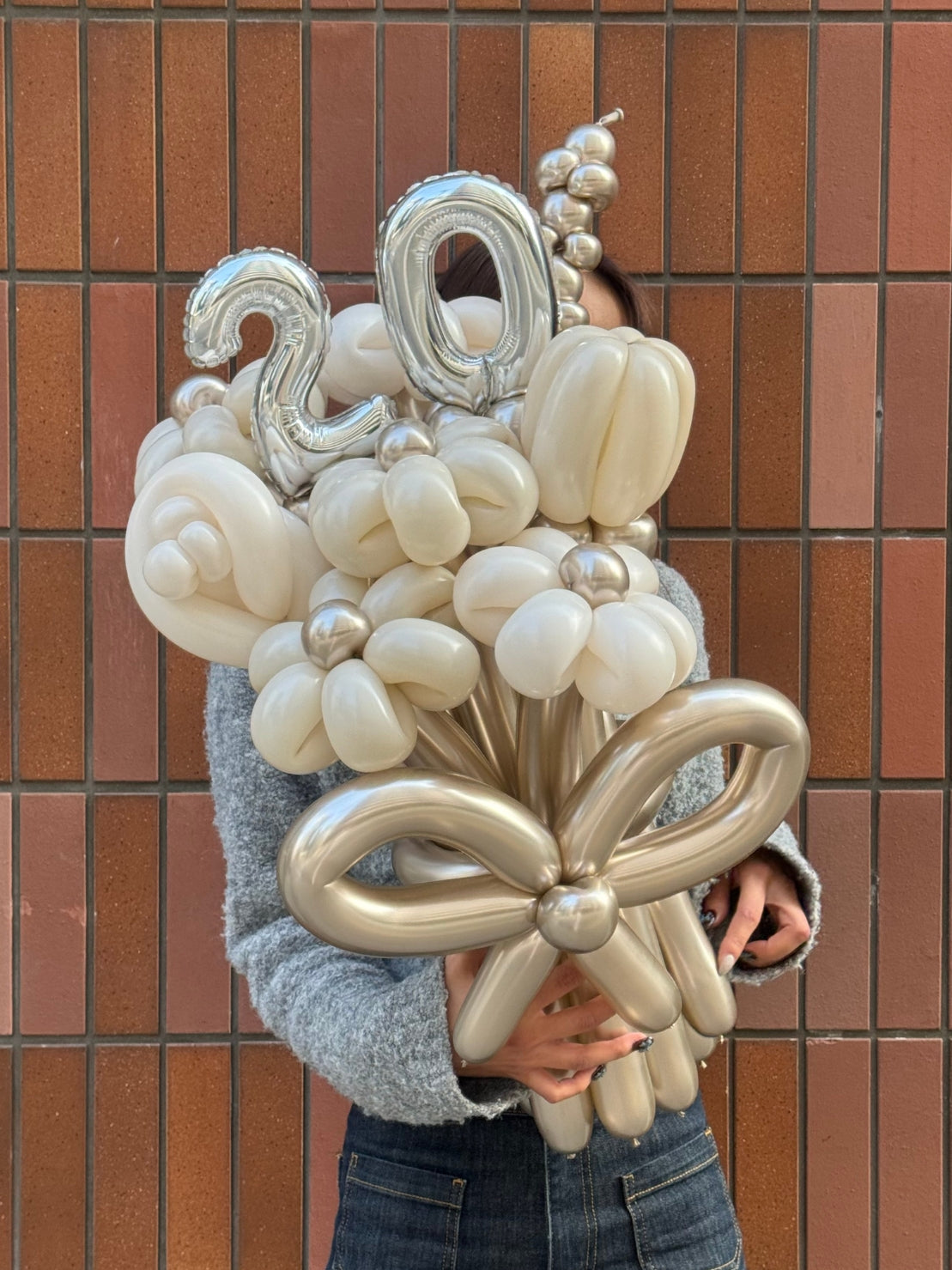 【ナンバーバルーン付き(数字選択可)】ミックスフラワーブーケ 8本 リボンver|全41色