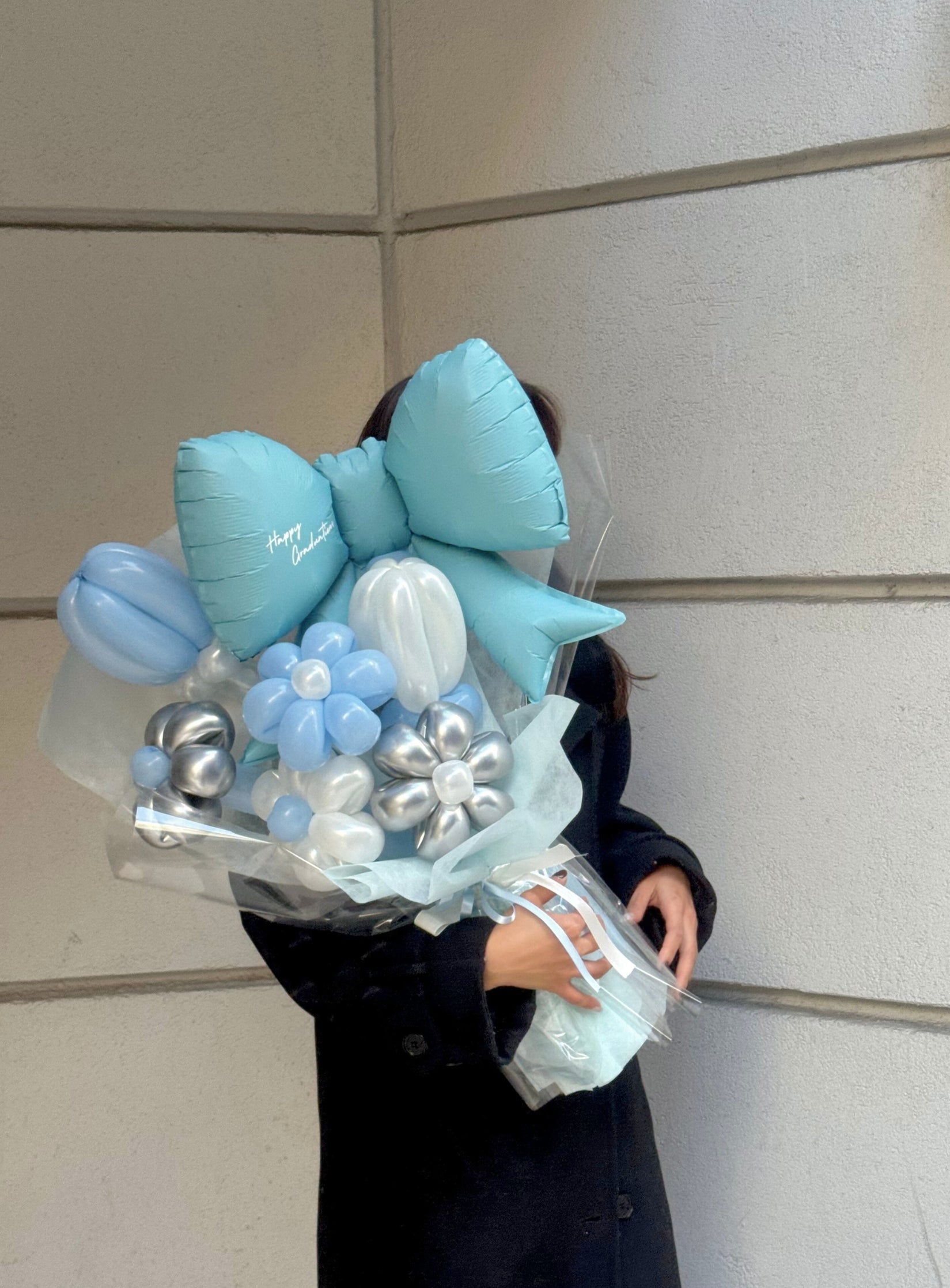 【卒業式】水色リボン バルーンフラワーブーケ(ラッピング付き・ラインストーン選択可)|全42色