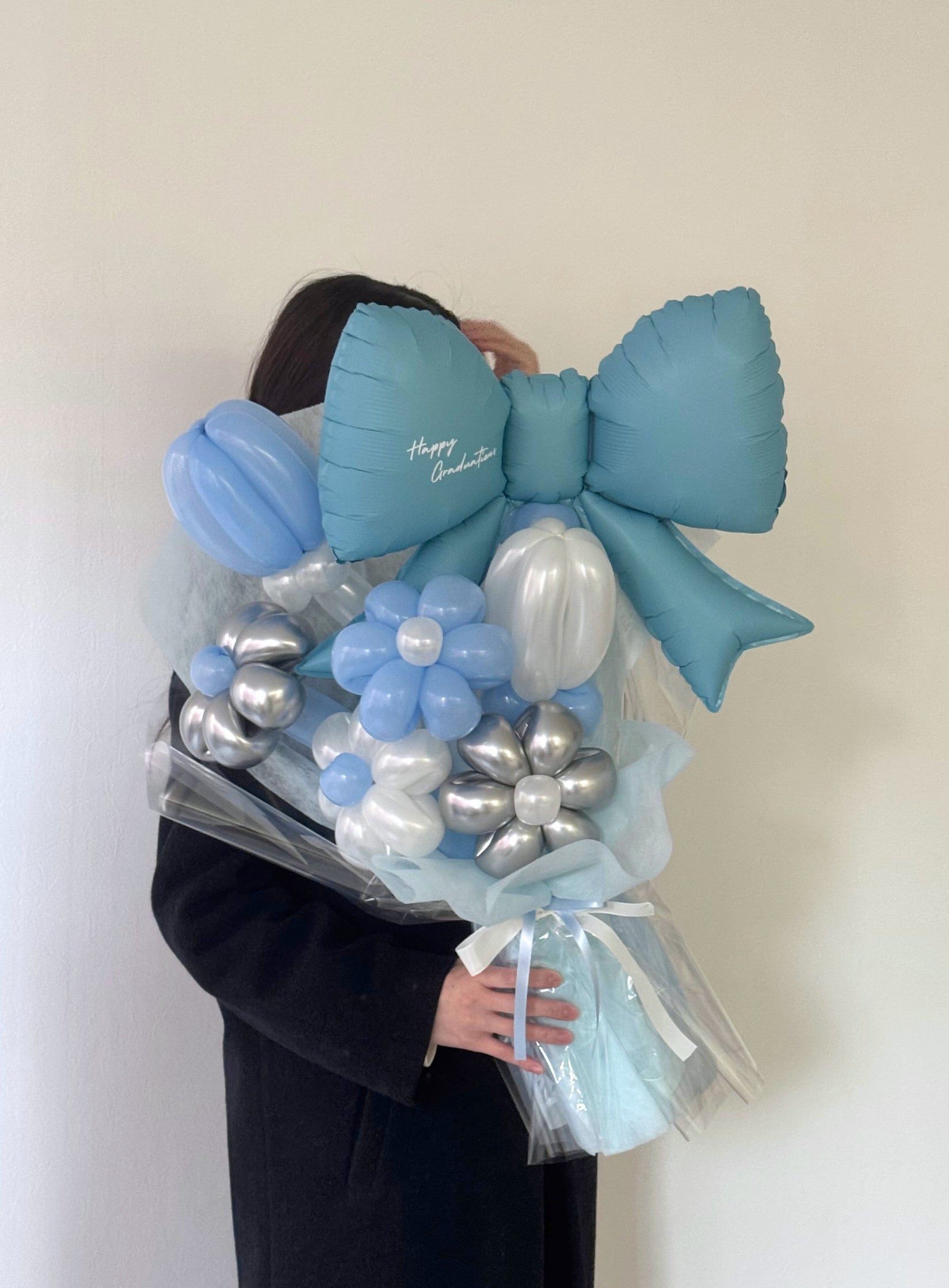 【卒業式】水色リボン バルーンフラワーブーケ(ラッピング付き・ラインストーン選択可)|全42色