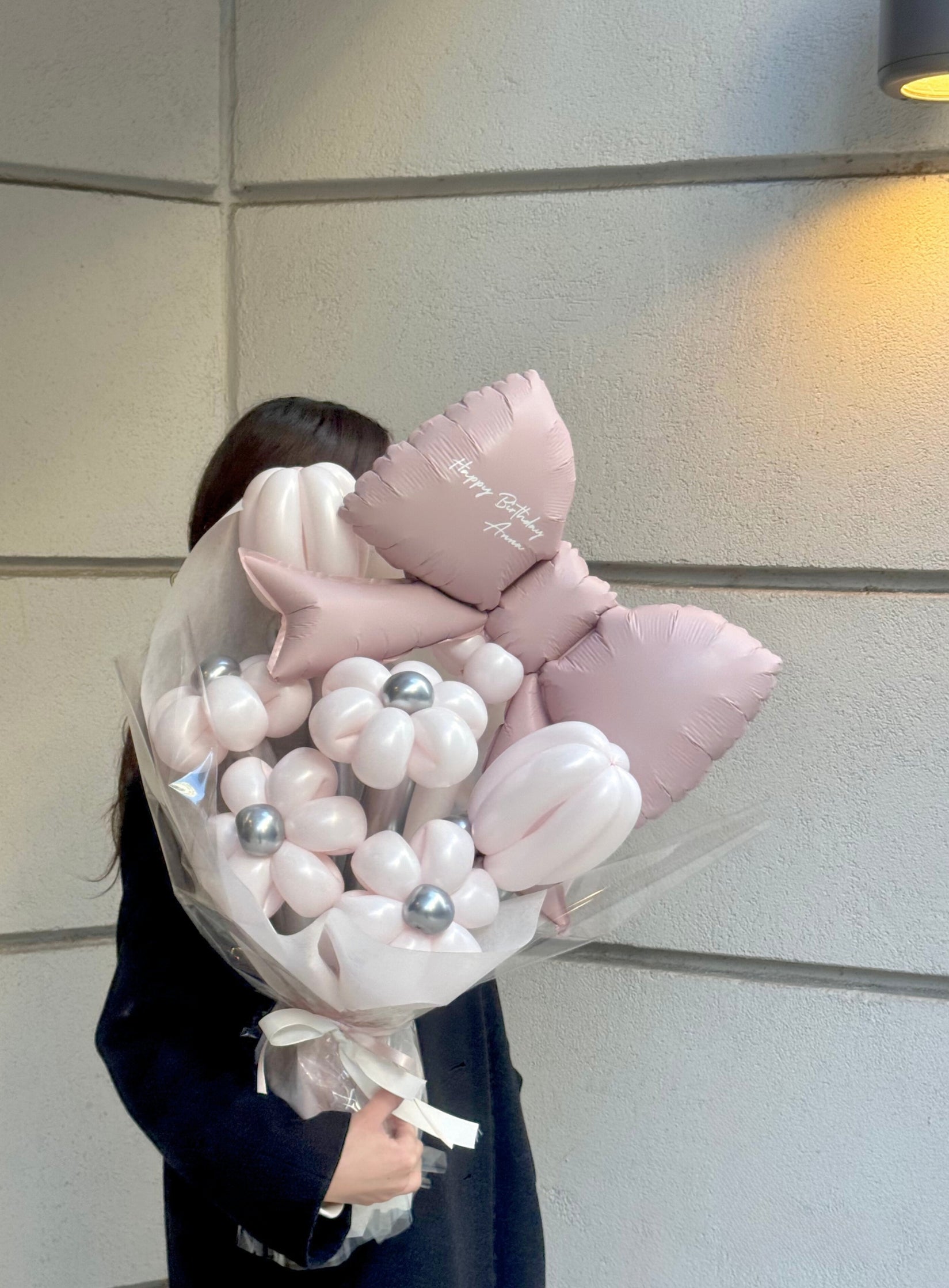 【卒業式】ピンクリボン バルーンフラワーブーケ(ラッピング付き・ラインストーン選択可)|全42色
