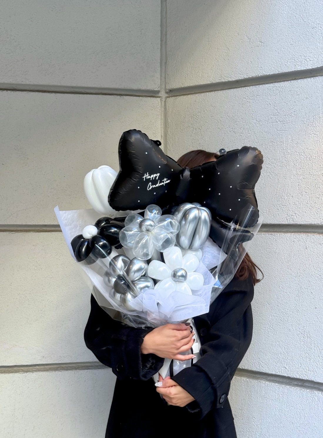 【卒業式】黒リボン バルーンフラワーブーケ(ラッピング付き・ラインストーン選択可)|全42色
