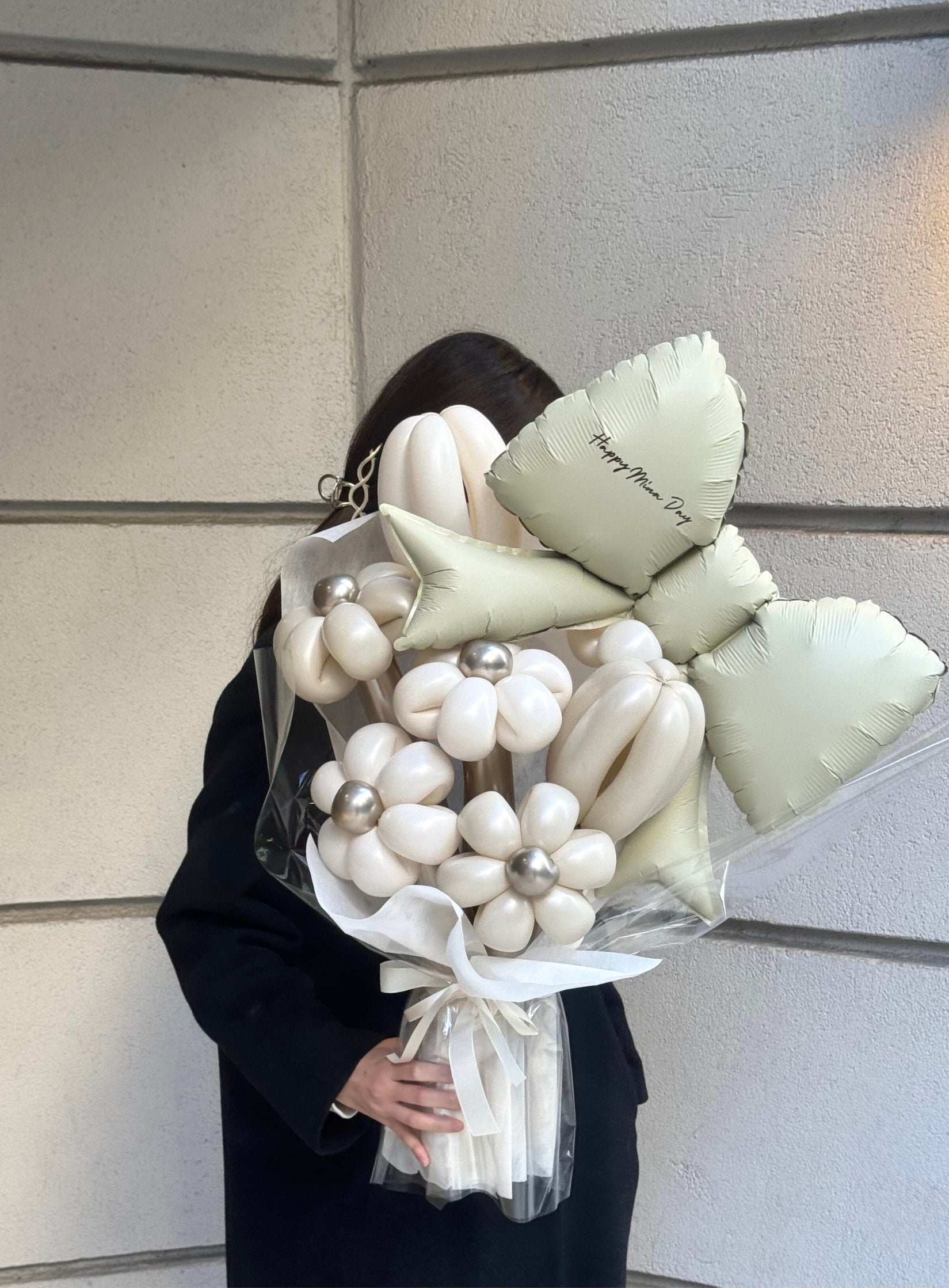 【卒業式】ベージュリボン バルーンフラワーブーケ(ラッピング付き・ラインストーン選択可)|全42色