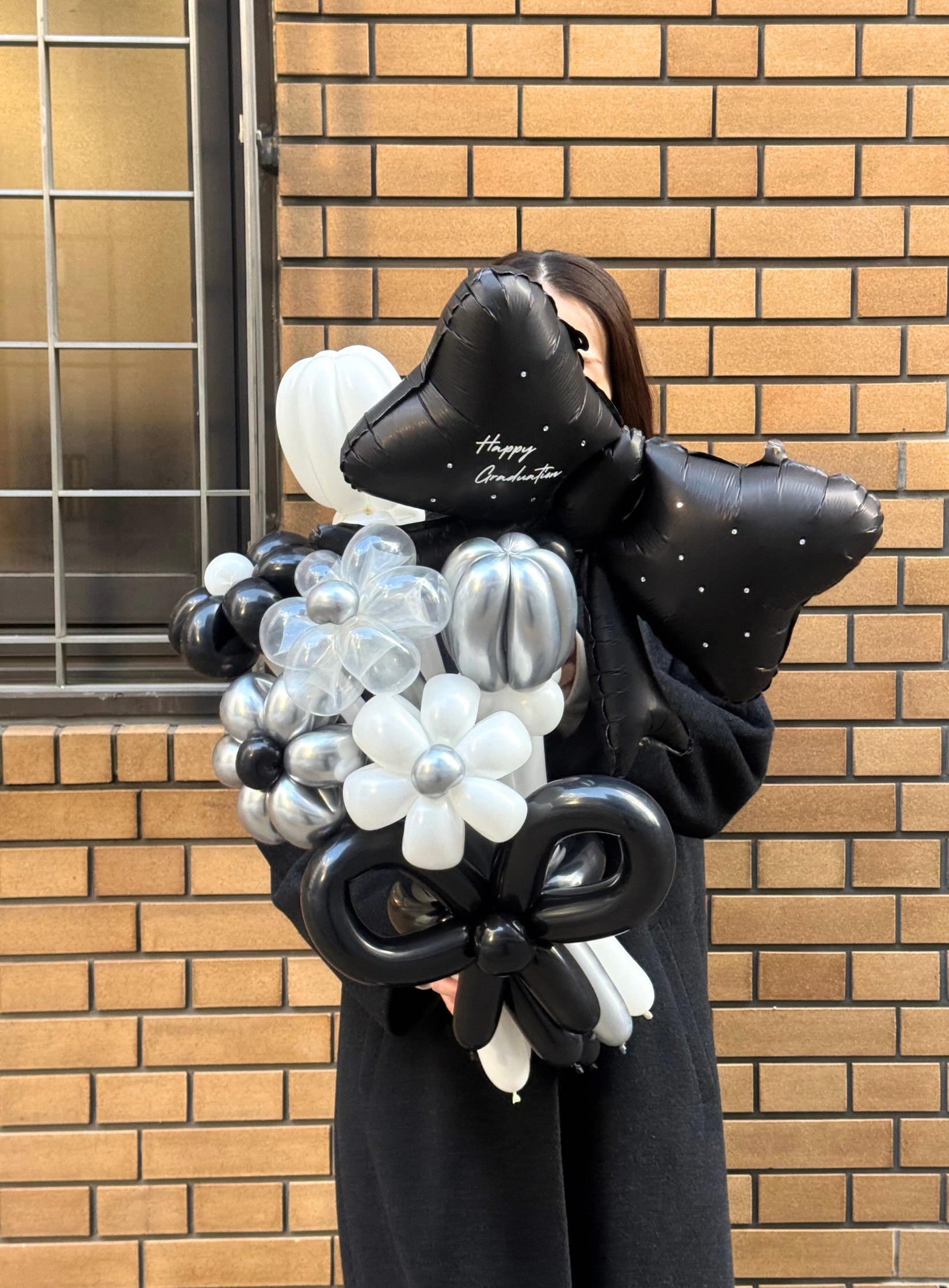 【卒業式】黒リボン バルーンフラワーブーケ(バルーンリボン・ラインストーン選択可)|全42色