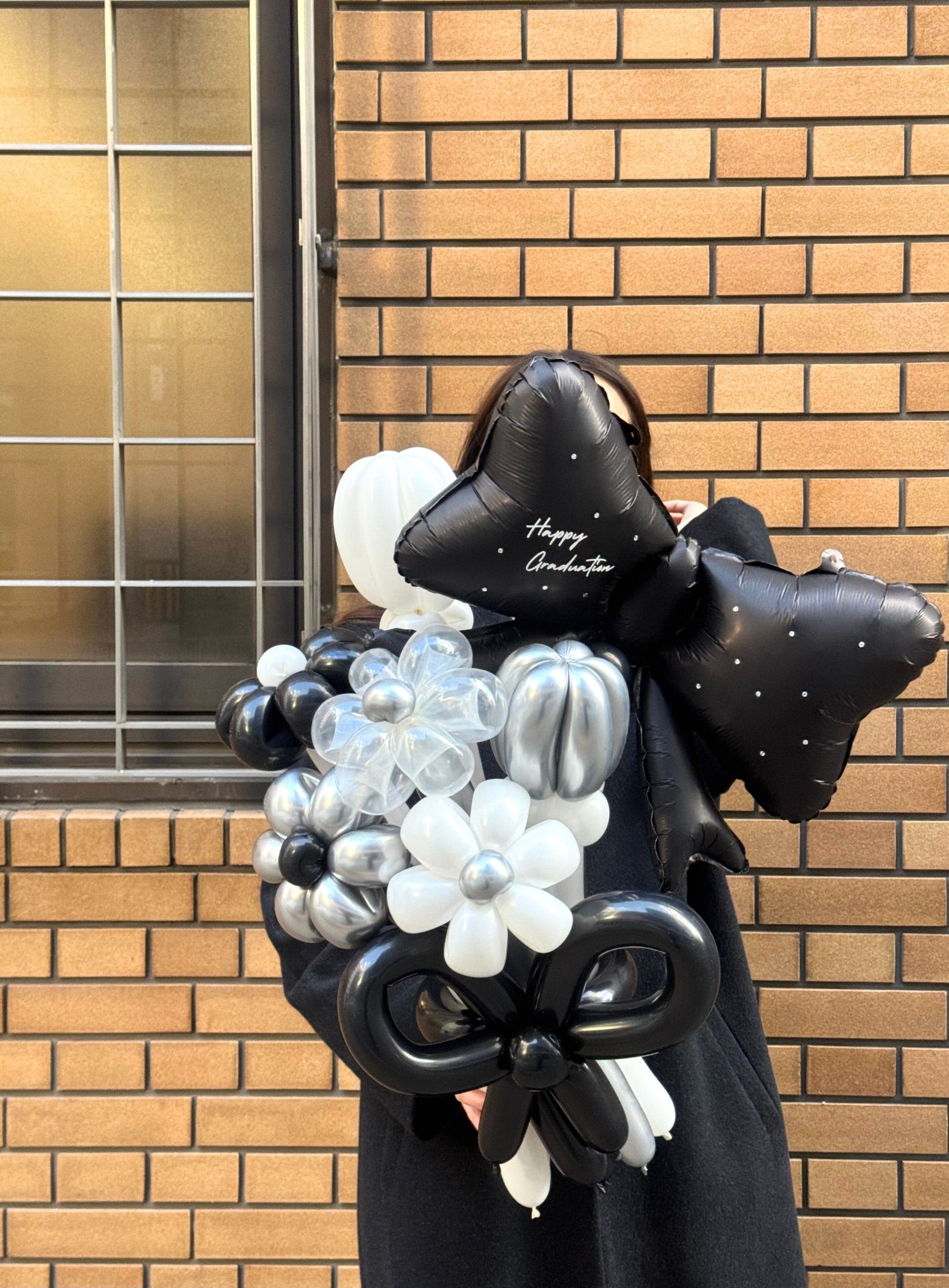 【卒業式】黒リボン バルーンフラワーブーケ(バルーンリボン・ラインストーン選択可)|全42色