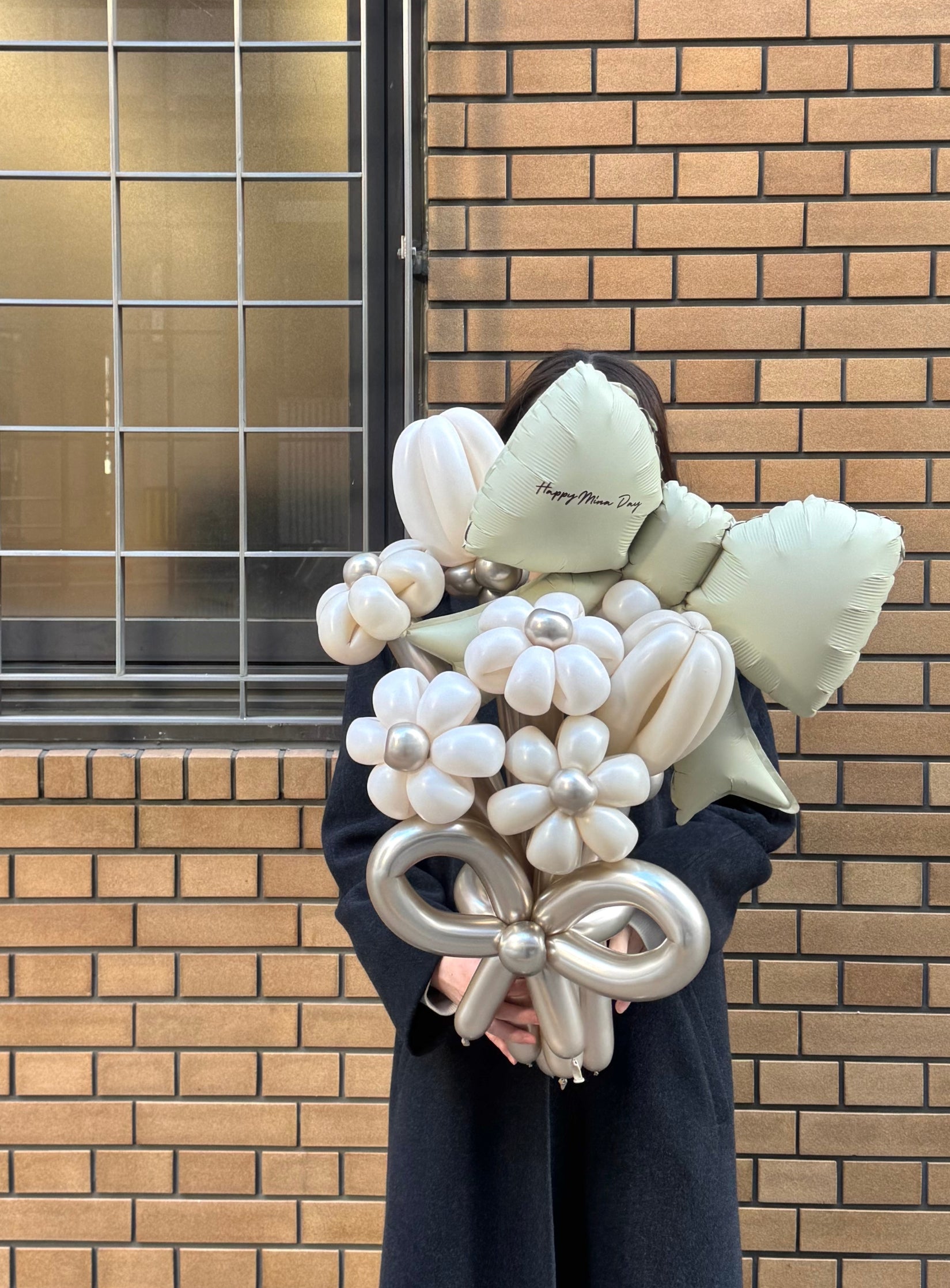 【卒業式】ベージュリボン バルーンフラワーブーケ(バルーンリボン・ラインストーン選択可)|全42色