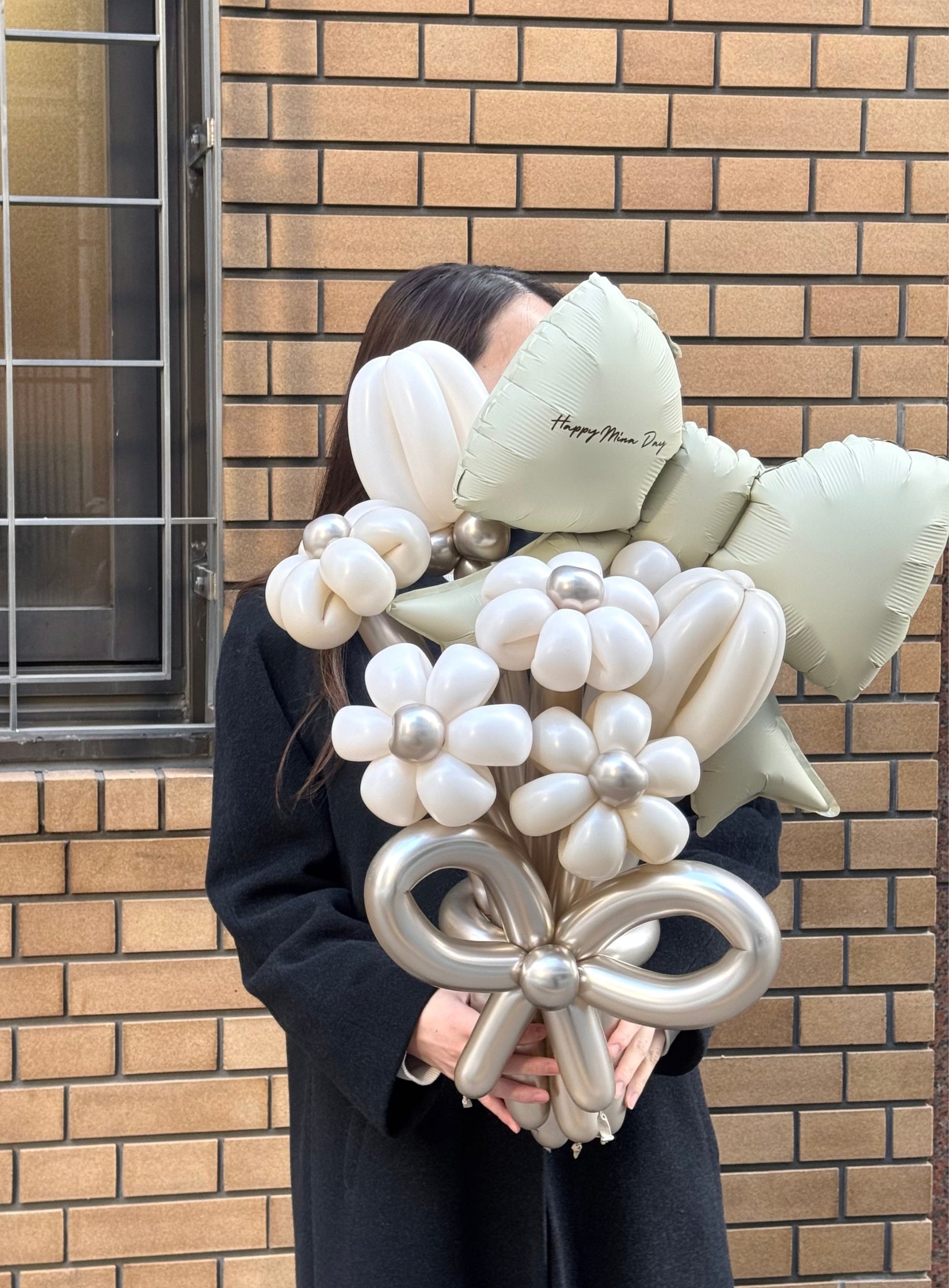 【卒業式】ベージュリボン バルーンフラワーブーケ(バルーンリボン・ラインストーン選択可)|全42色