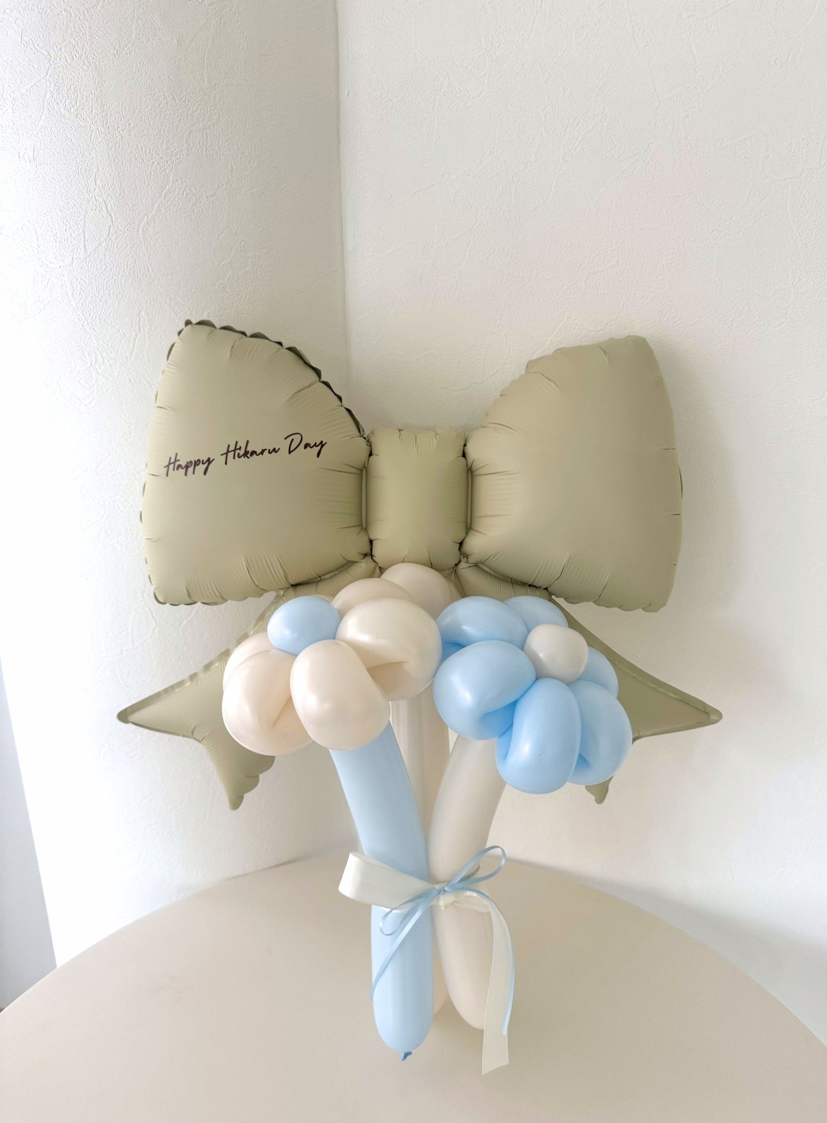 【卒業式・誕生日・記念日ギフト】ベージュリボン バルーンブーケ 3本 (ラインストーン選択可)|05