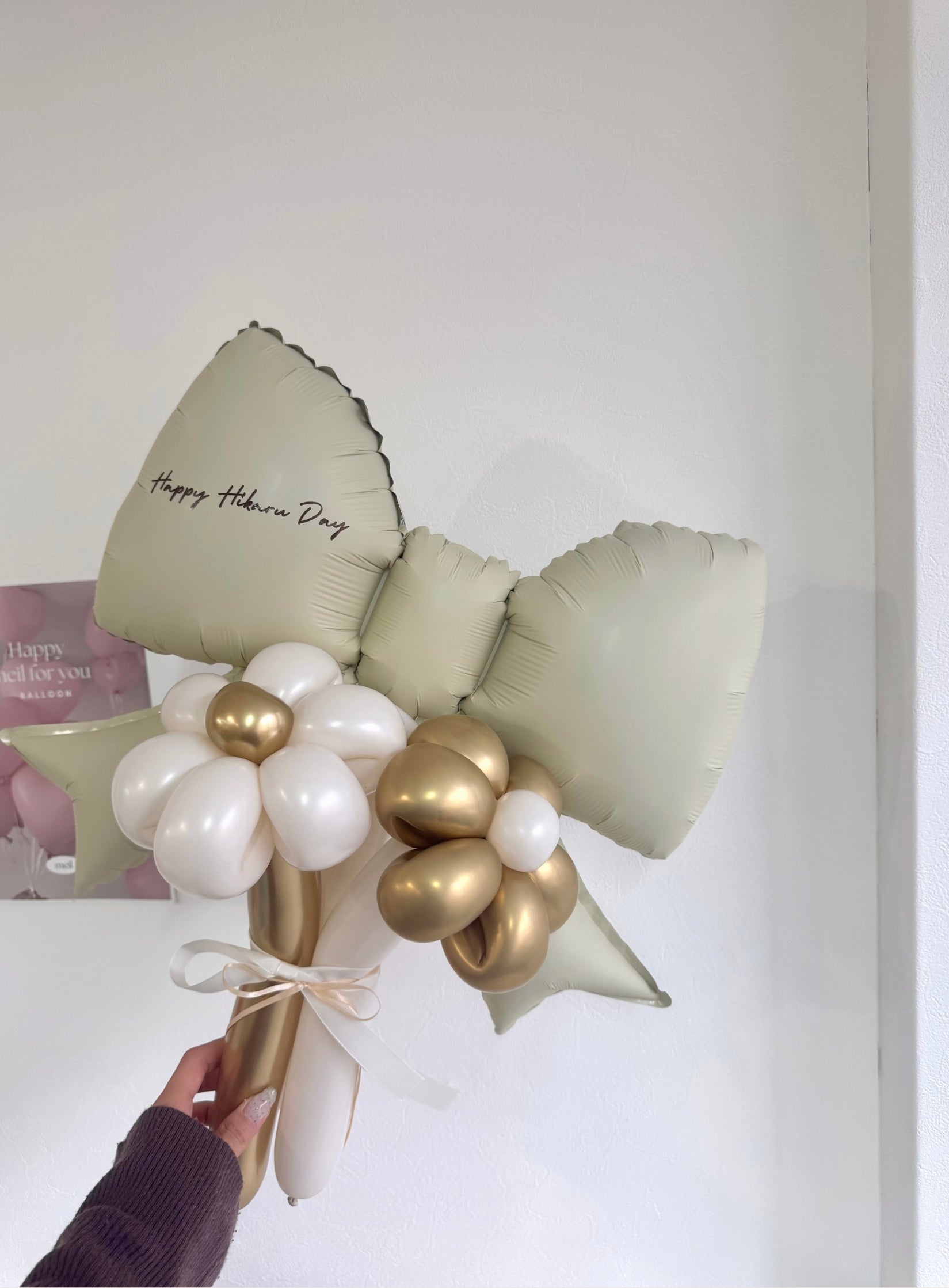 【卒業式・誕生日・記念日ギフト】ベージュリボン バルーンブーケ 3本 (ラインストーン選択可)|06