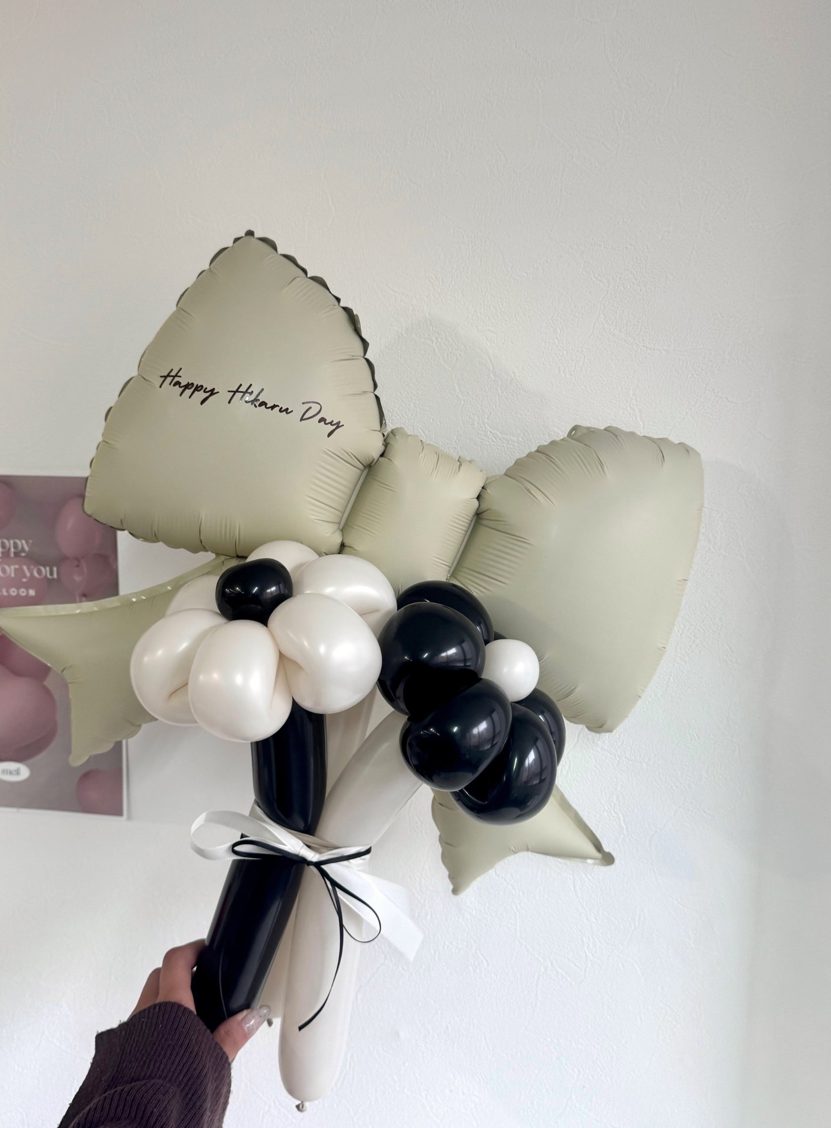 【卒業式・誕生日・記念日ギフト】ベージュリボン バルーンブーケ 3本 (ラインストーン選択可)|07