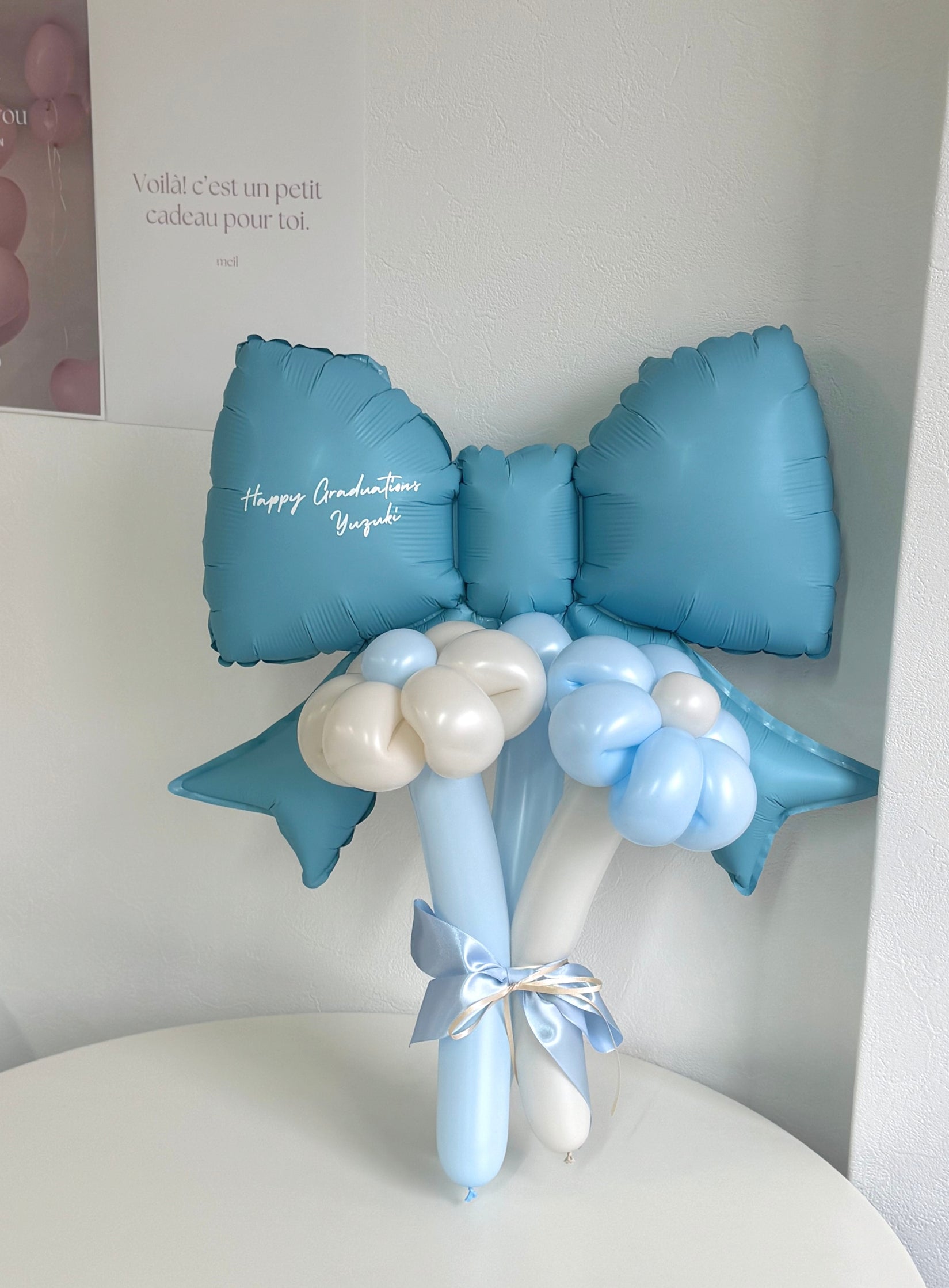 【卒業式・誕生日・記念日ギフト】水色リボン バルーンブーケ 3本 (ラインストーン選択可)|02