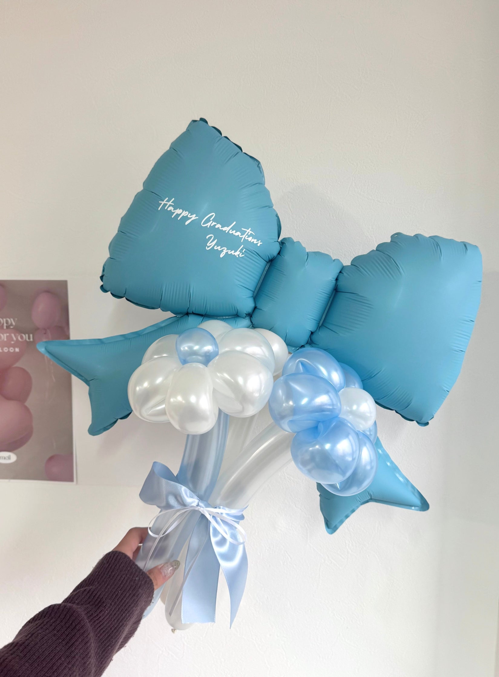 【卒業式・誕生日・記念日ギフト】水色リボン バルーンブーケ 3本 (ラインストーン選択可)|03