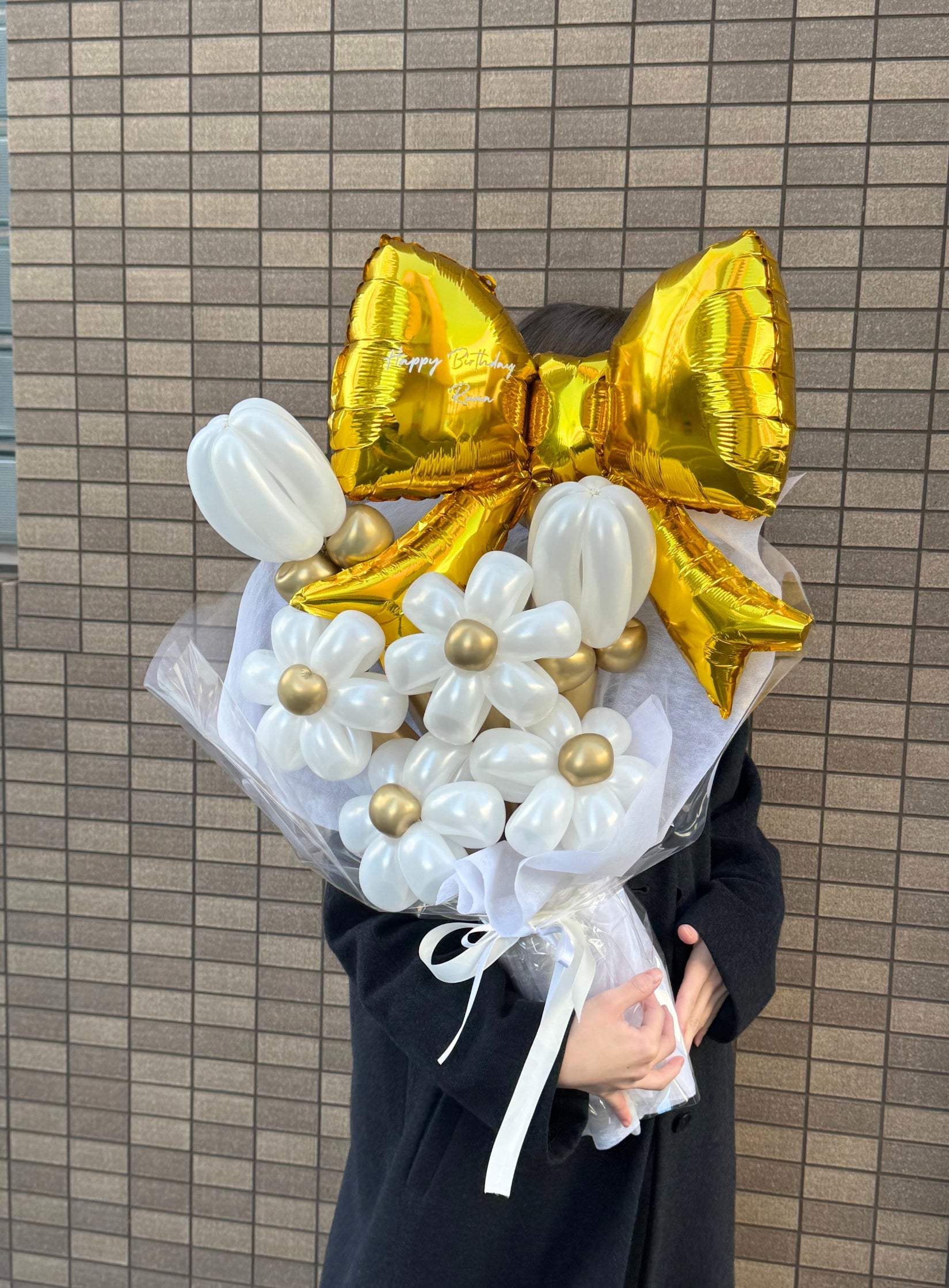 【卒業式】ゴールドリボン バルーンフラワーブーケ(ラッピング付き・ラインストーン選択可)|全42色