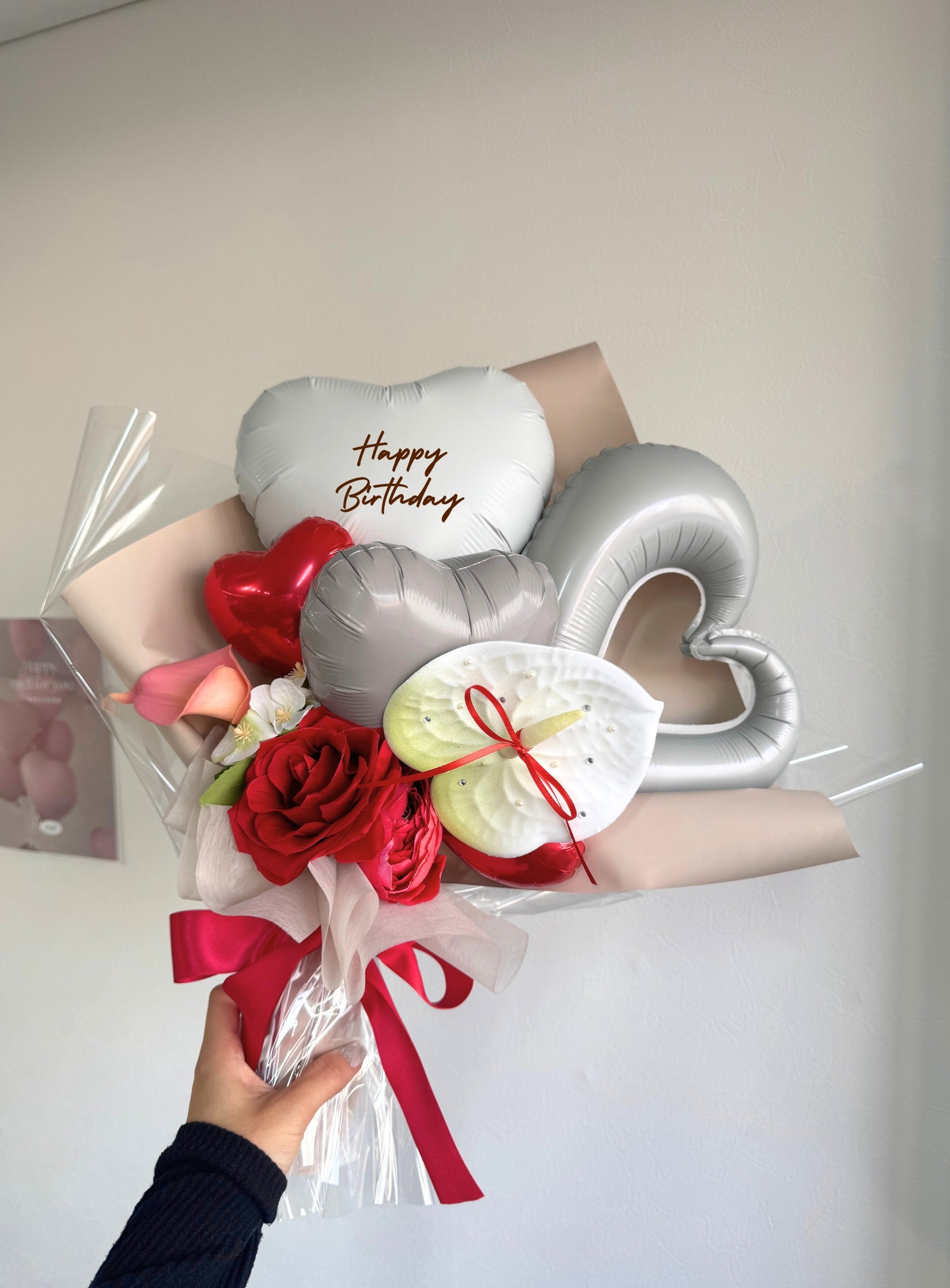 【卒業式・誕生日・記念日ギフト】アンスリウム バルーンブーケ 04 (アーティフィシャルフラワー)