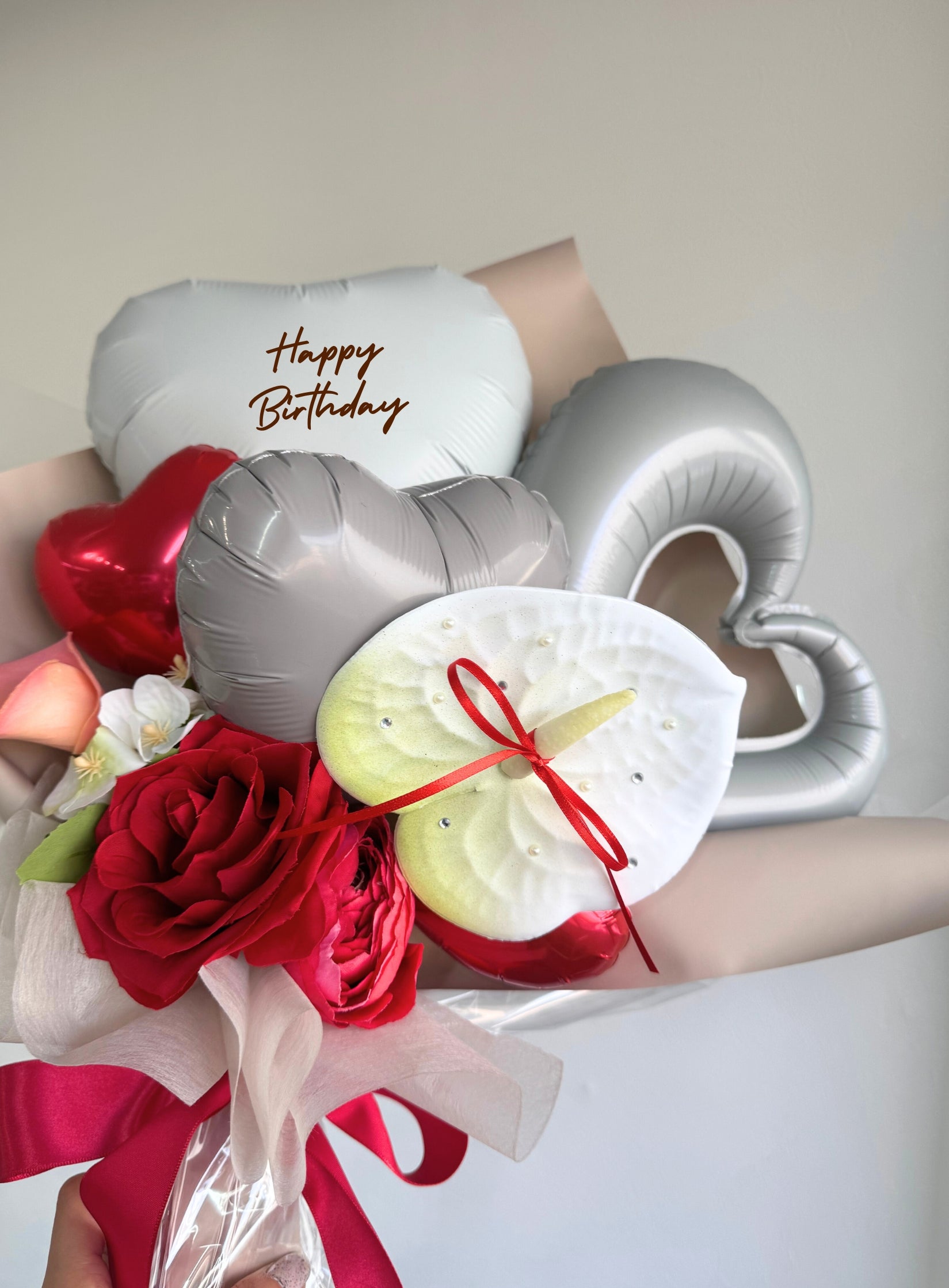 【卒業式・誕生日・記念日ギフト】アンスリウム バルーンブーケ 04 (アーティフィシャルフラワー)