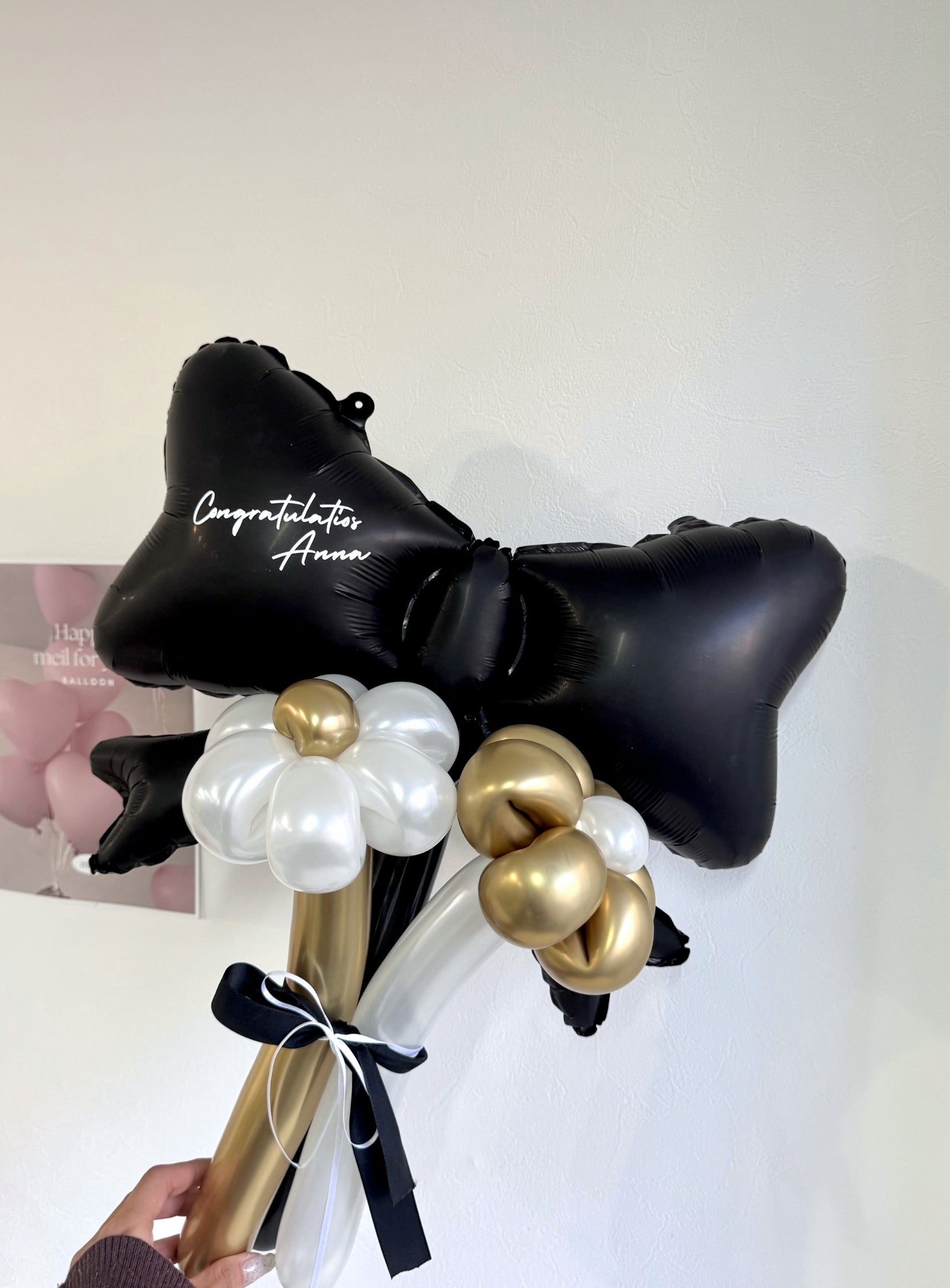 【卒業式・誕生日・記念日ギフト】黒リボン バルーンブーケ 3本 (ラインストーン選択可)|04