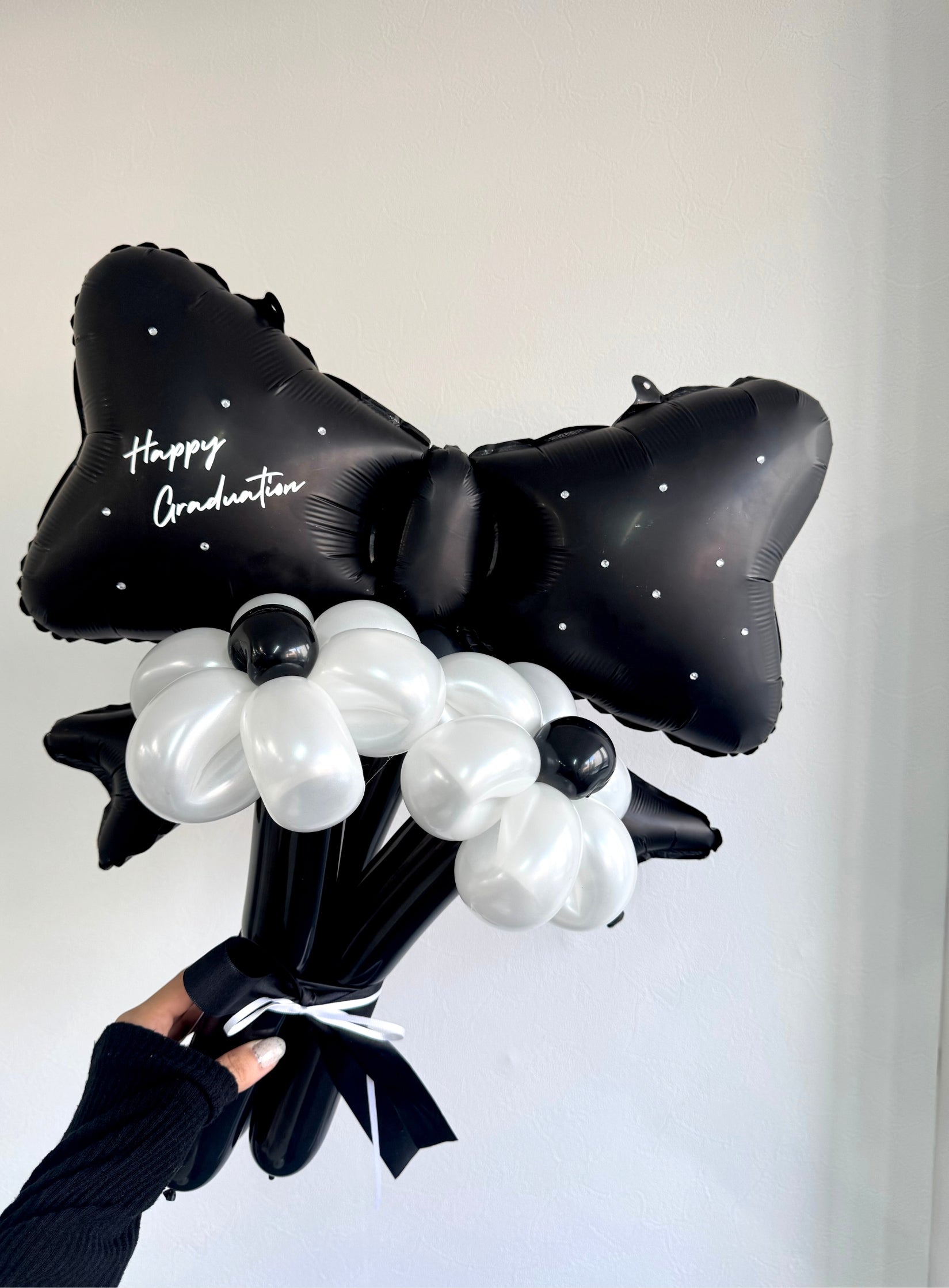 【卒業式・誕生日・記念日ギフト】黒リボン バルーンブーケ 3本 (ラインストーン選択可)|03