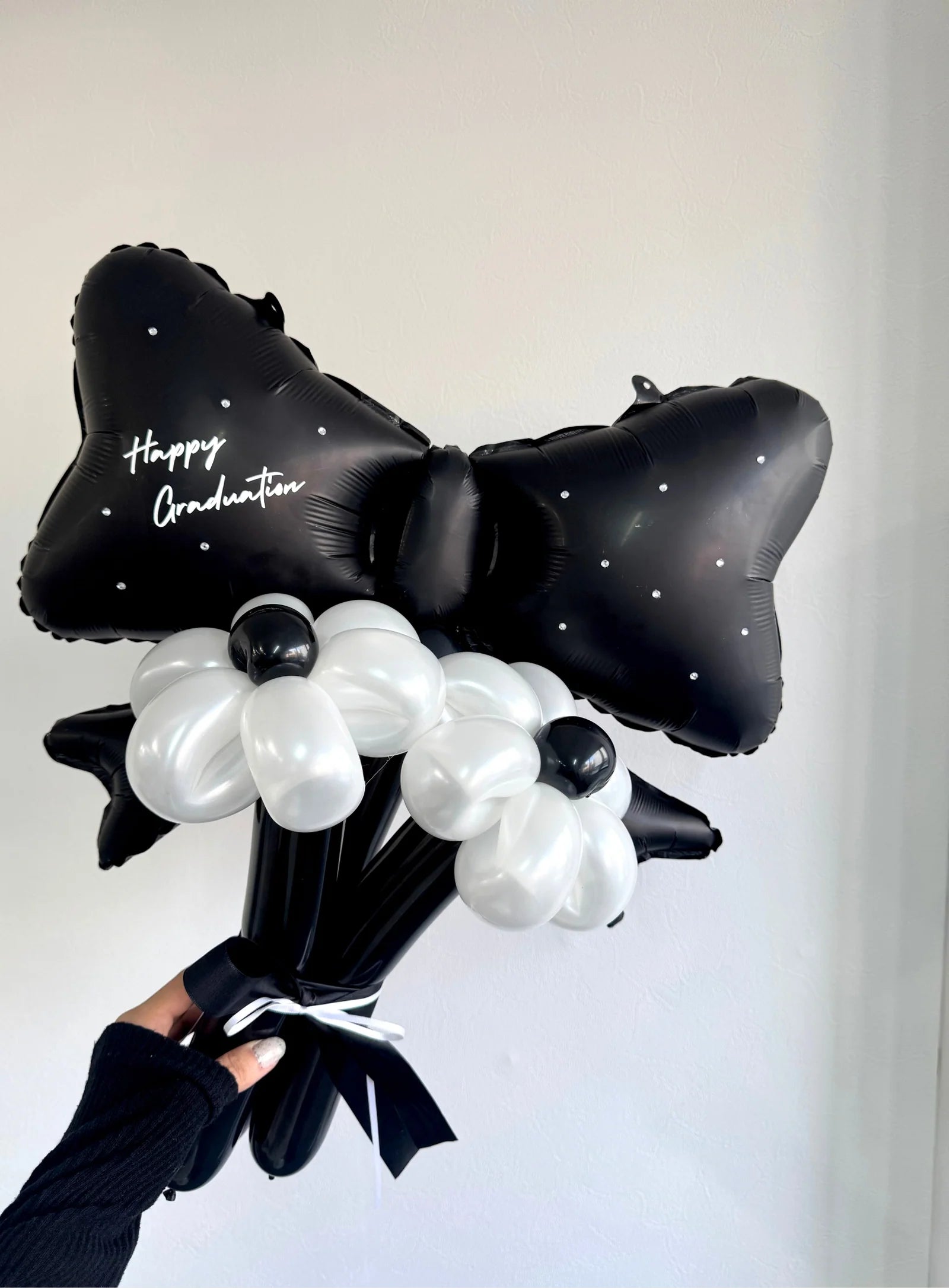 【誕生日・記念日ギフト】黒リボン バルーンブーケ 3本 (ラインストーン選択可) | 全7色