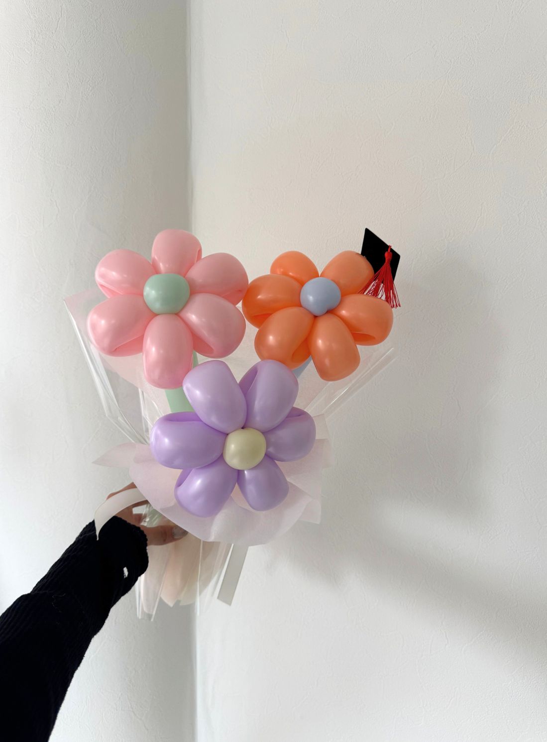 【卒業式】卒業帽 バルーンフラワーブーケ 3本 ラッピングver|全37色