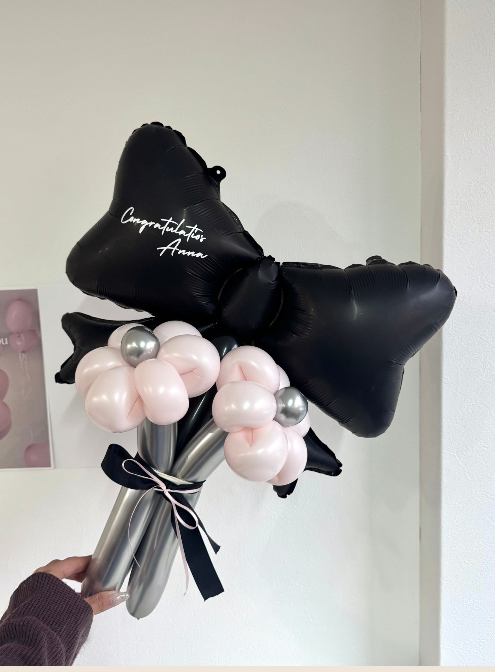 【卒業式・誕生日・記念日ギフト】黒リボン バルーンブーケ 3本 (ラインストーン選択可)|06