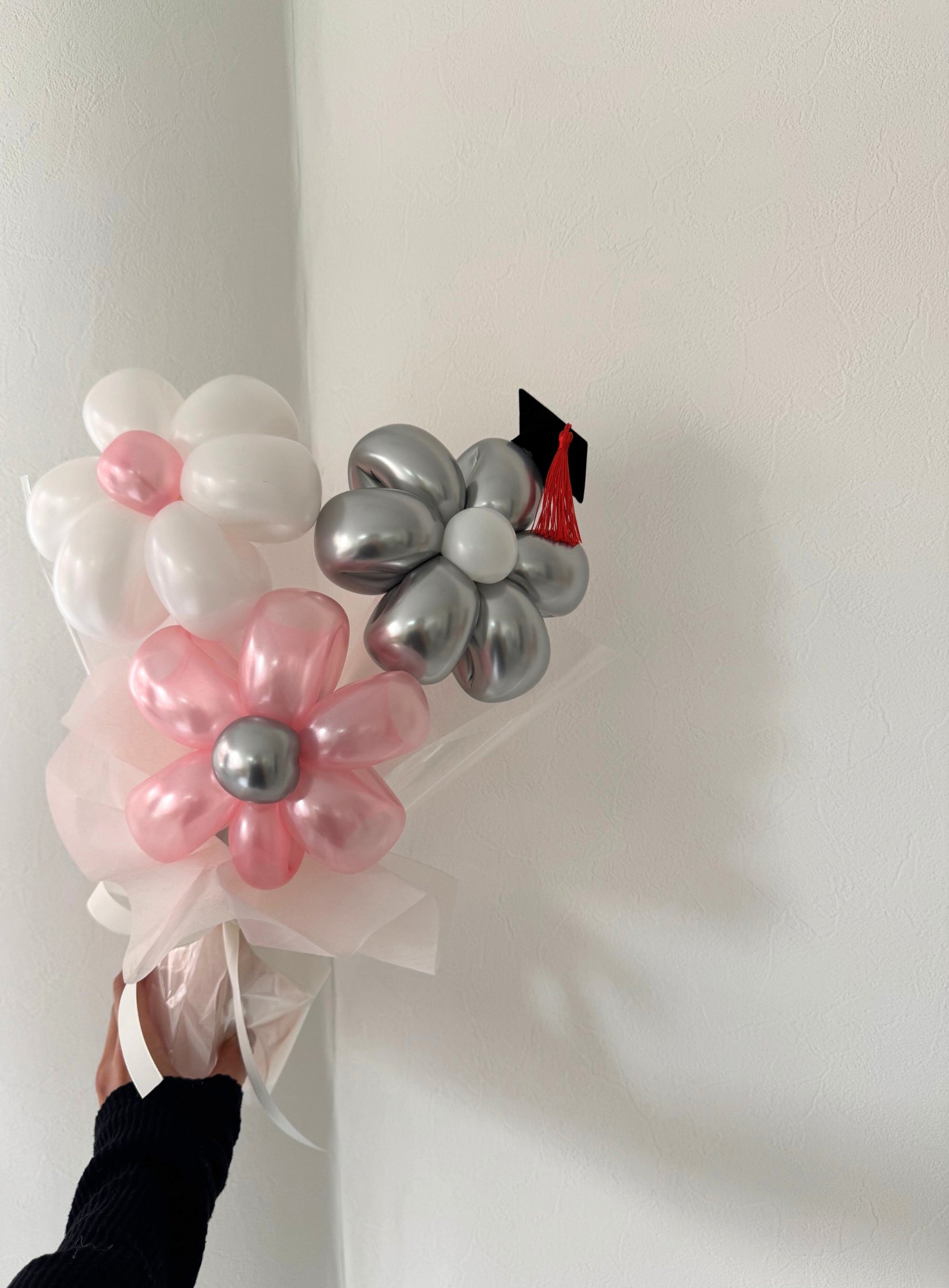 【卒業式】卒業帽 バルーンフラワーブーケ 3本 ラッピングver|全37色