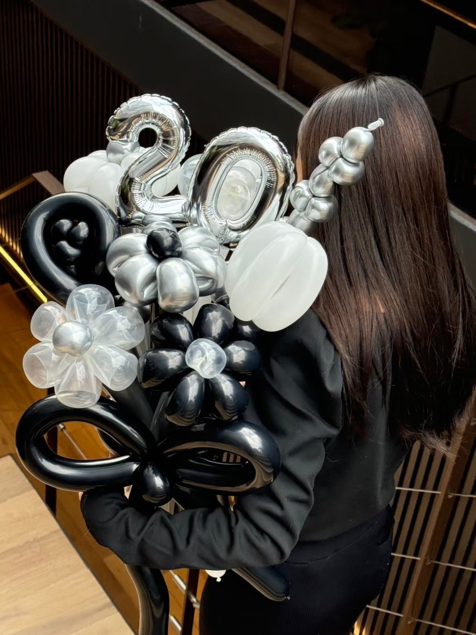 【ナンバーバルーン付き(数字選択可)】ミックスフラワーブーケ 8本 リボンver|全41色