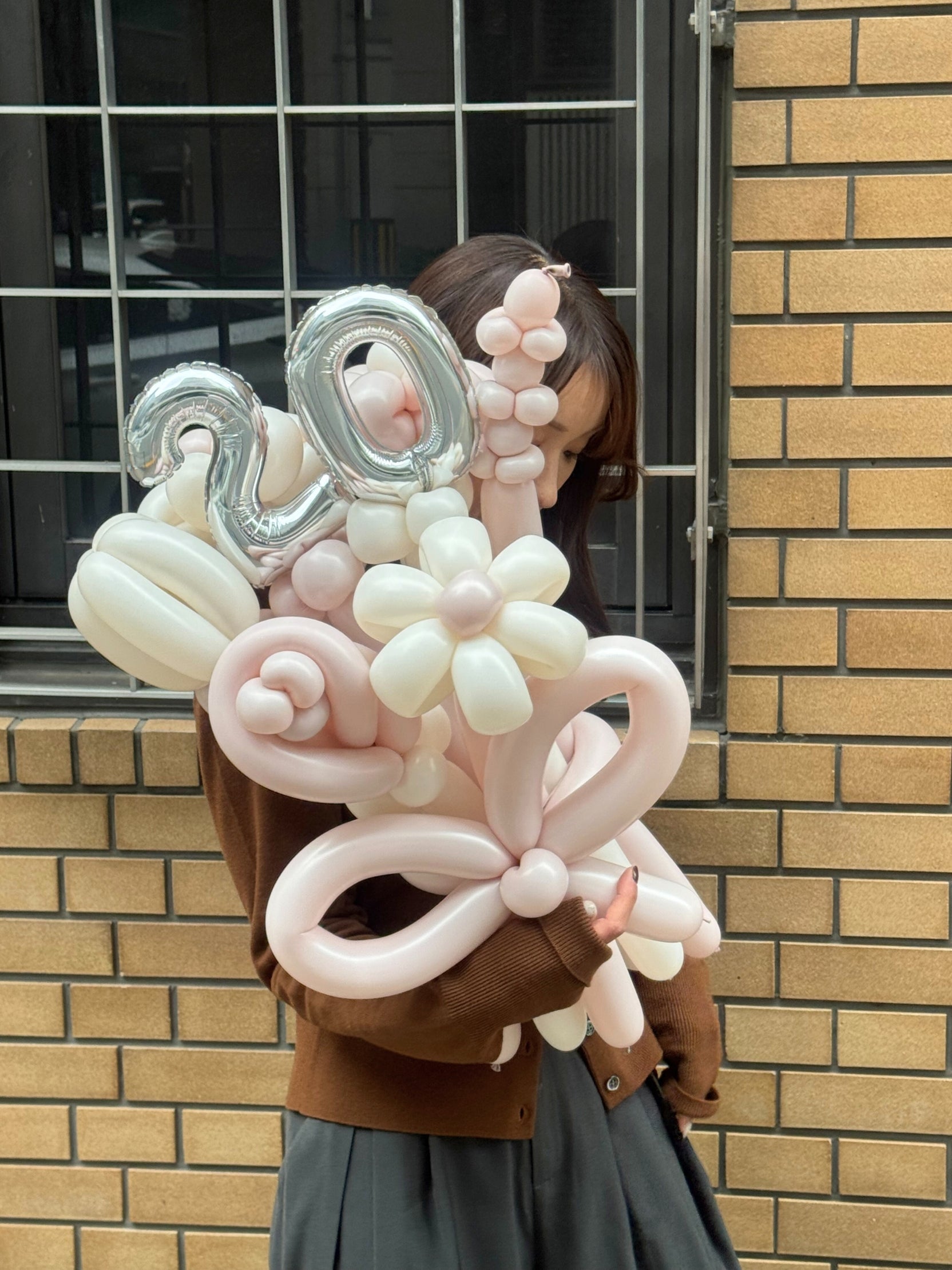 【ナンバーバルーン付き(数字選択可)】ミックスフラワーブーケ 6本 リボンver|全41色