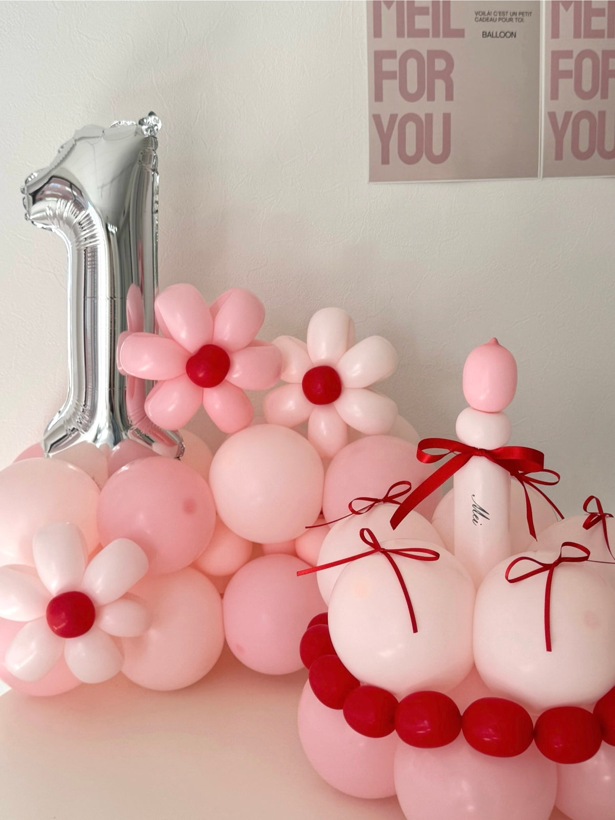 number block & cake balloon 2SET pink×red【セット商品】【カラー変更可】