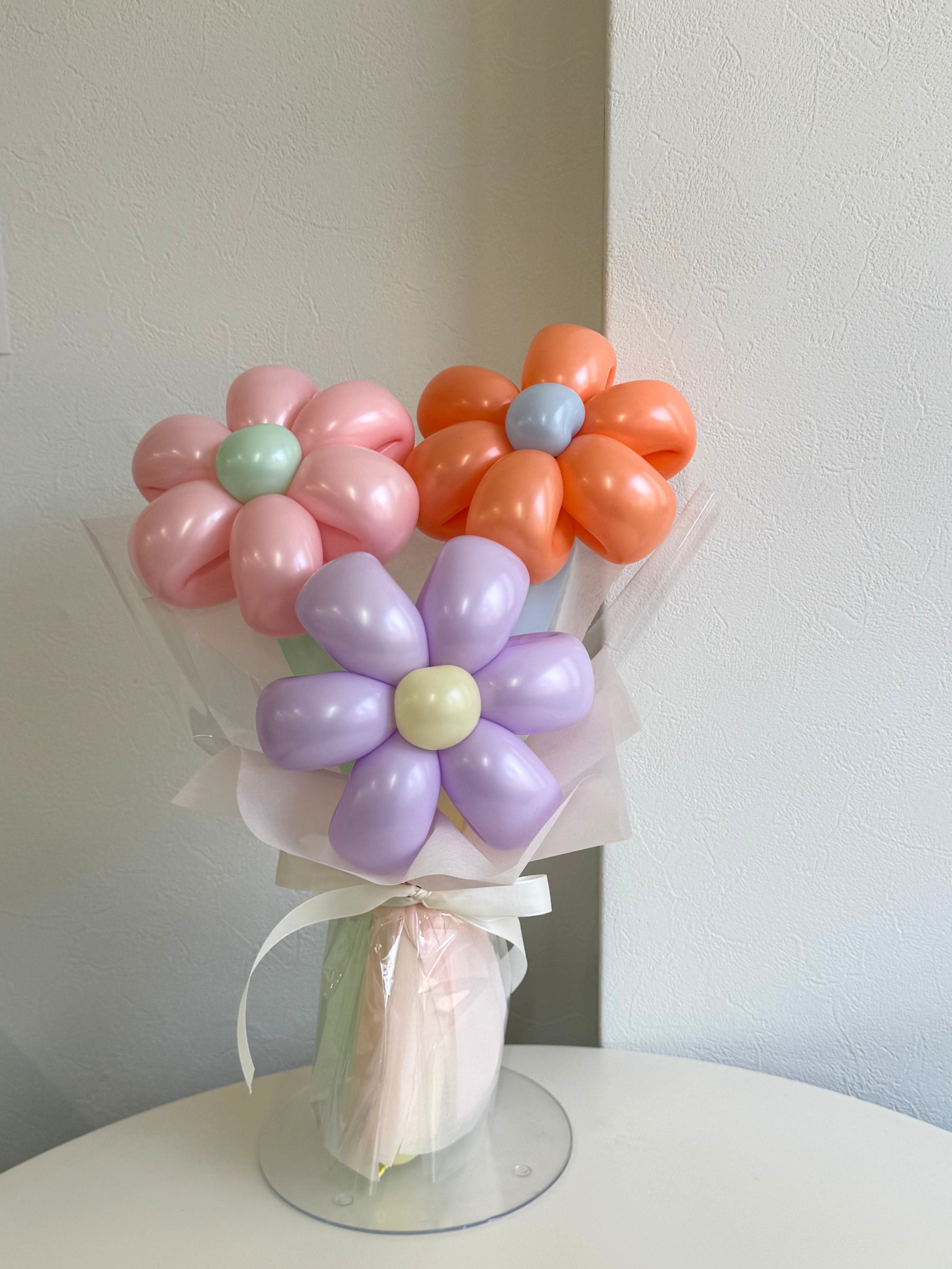 【誕生日・記念日ギフト】バルーンフラワーブーケ 3本 ラッピングver｜全37色