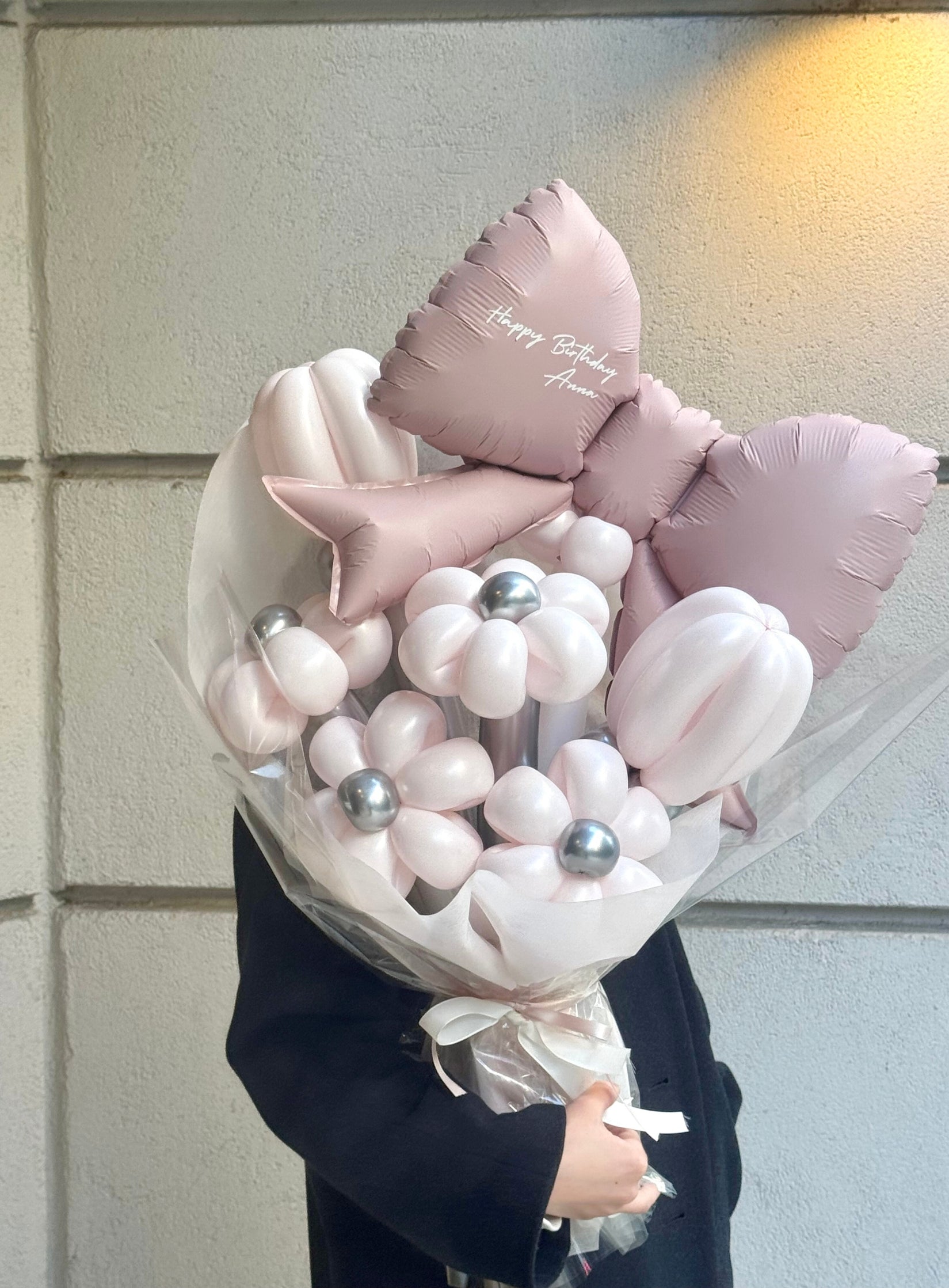 【卒業式】ピンクリボン バルーンフラワーブーケ（ラッピング付き・ラインストーン選択可）｜全42色