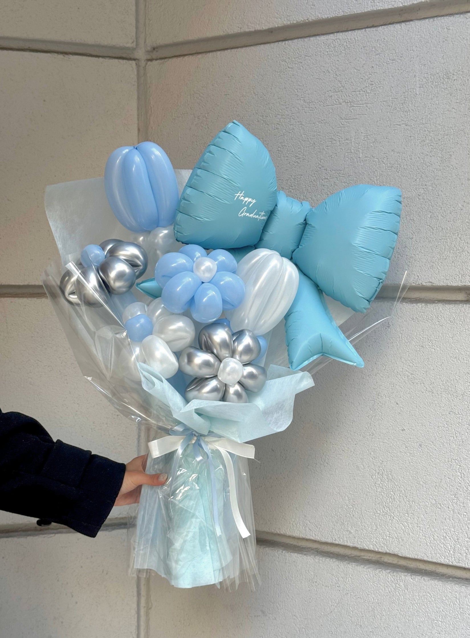 【卒業式】水色リボン バルーンフラワーブーケ（ラッピング付き・ラインストーン選択可）｜全42色