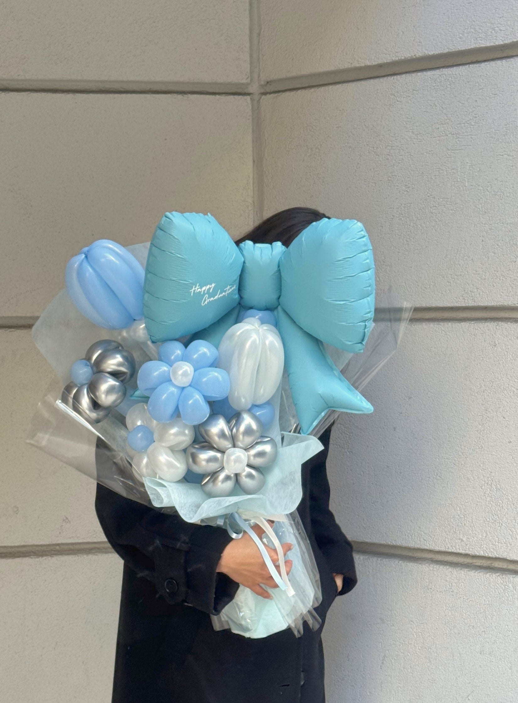 【卒業式】水色リボン バルーンフラワーブーケ（ラッピング付き・ラインストーン選択可）｜全42色