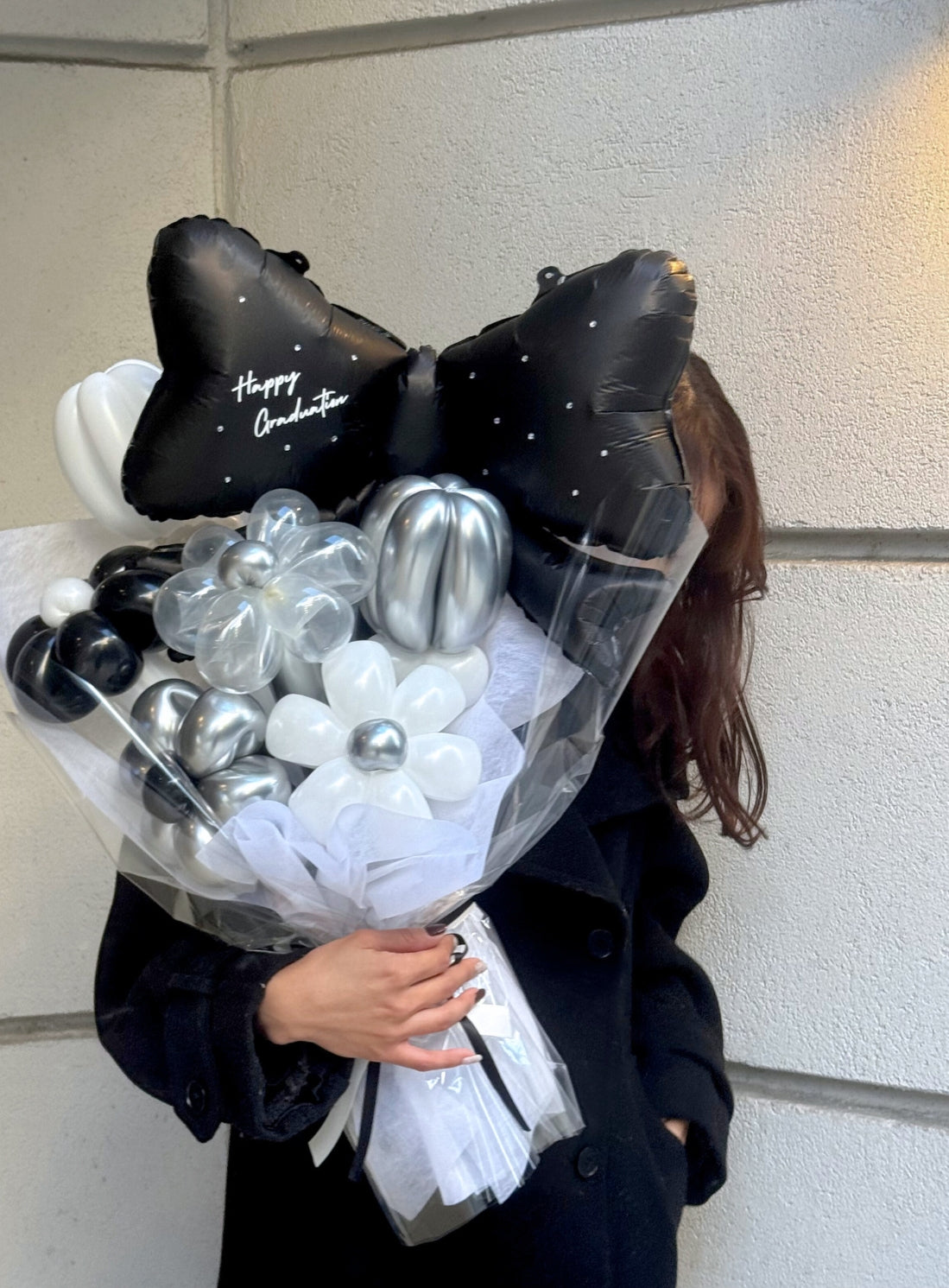 【卒業式】黒リボン バルーンフラワーブーケ（ラッピング付き・ラインストーン選択可）｜全42色