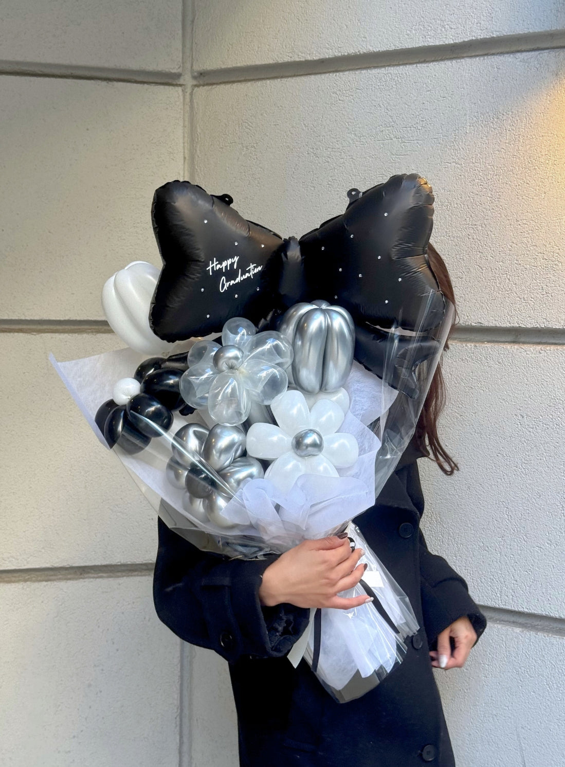 【卒業式】黒リボン バルーンフラワーブーケ（ラッピング付き・ラインストーン選択可）｜全42色
