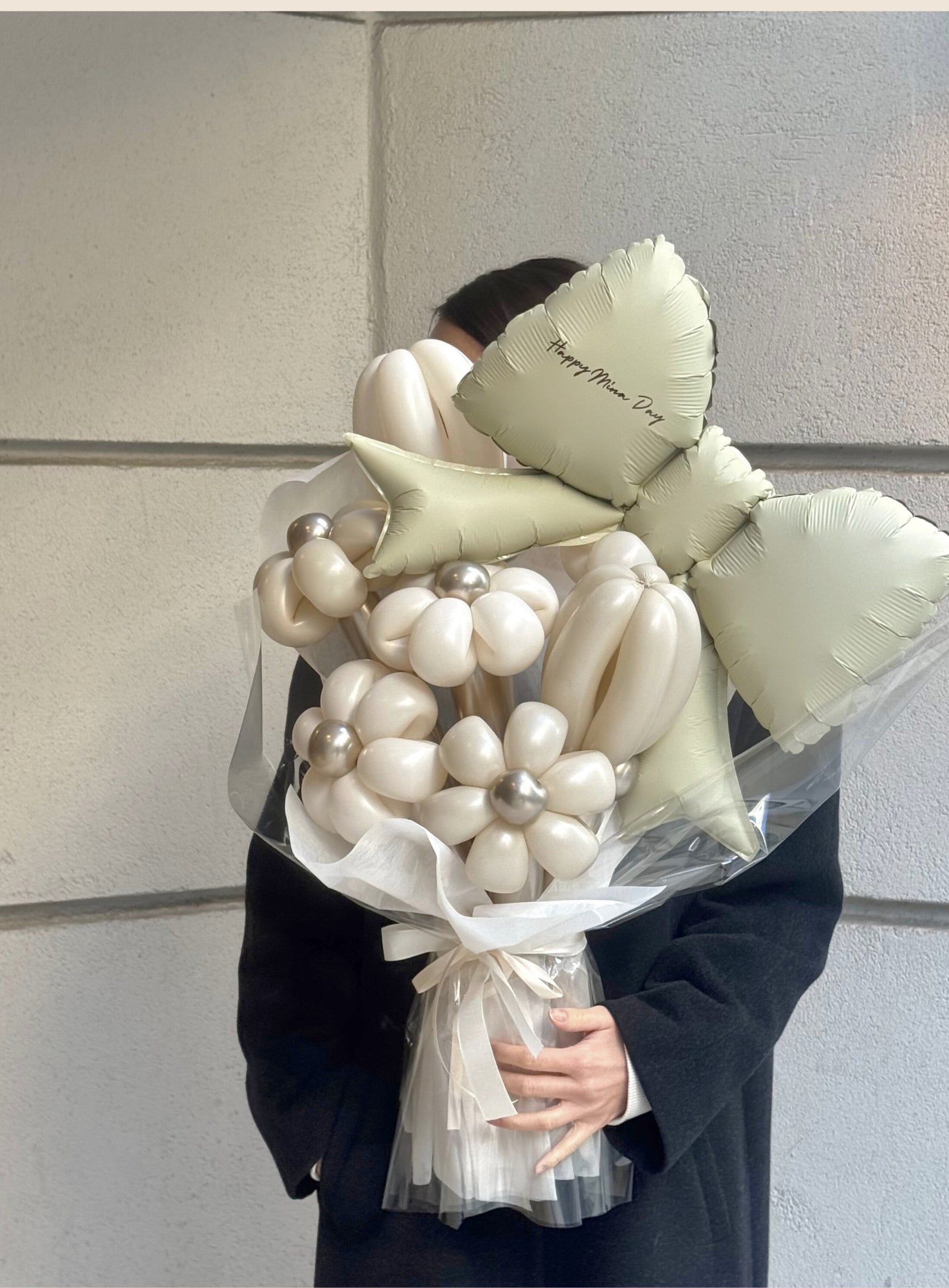 【卒業式】ベージュリボン バルーンフラワーブーケ（ラッピング付き・ラインストーン選択可）｜全42色