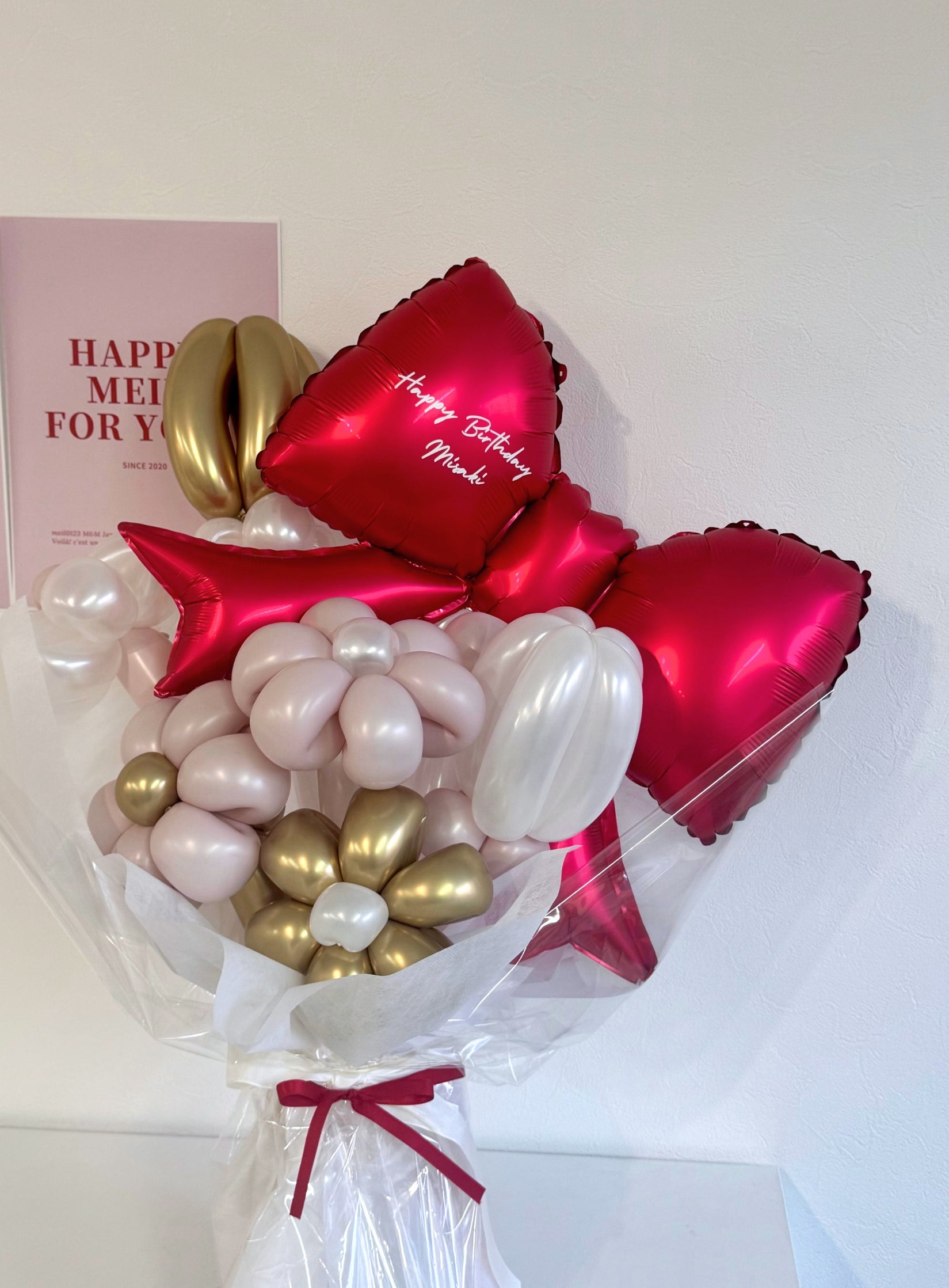 【卒業式】赤リボン バルーンフラワーブーケ（ラッピング付き・ラインストーン選択可）｜全42色