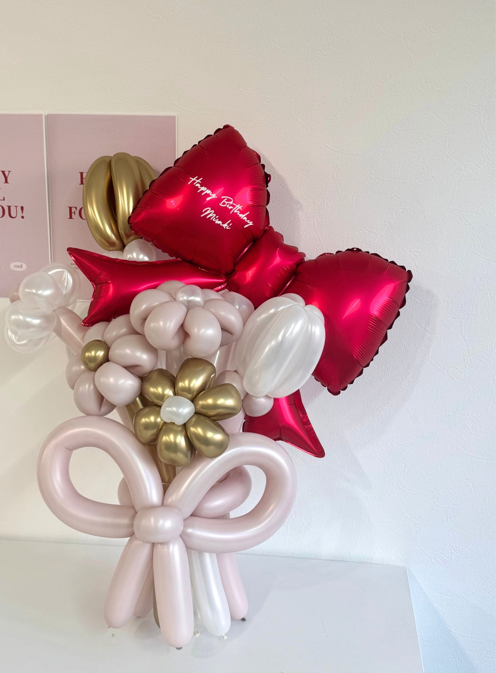 【卒業式】赤リボン バルーンフラワーブーケ（バルーンリボン・ラインストーン選択可）｜全42色