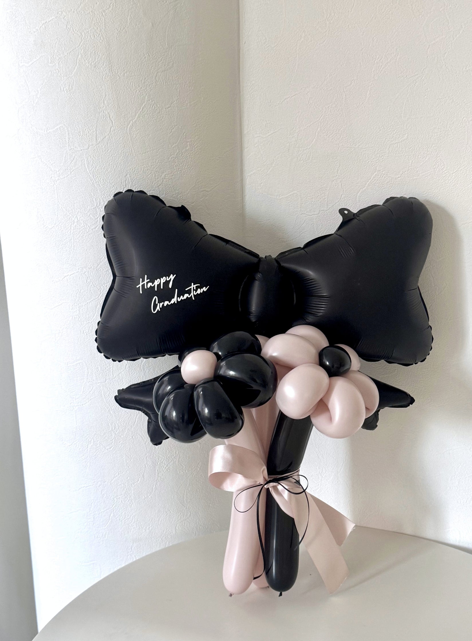 【卒業式・誕生日・記念日ギフト】黒リボン バルーンブーケ 3本 (ラインストーン選択可)｜02