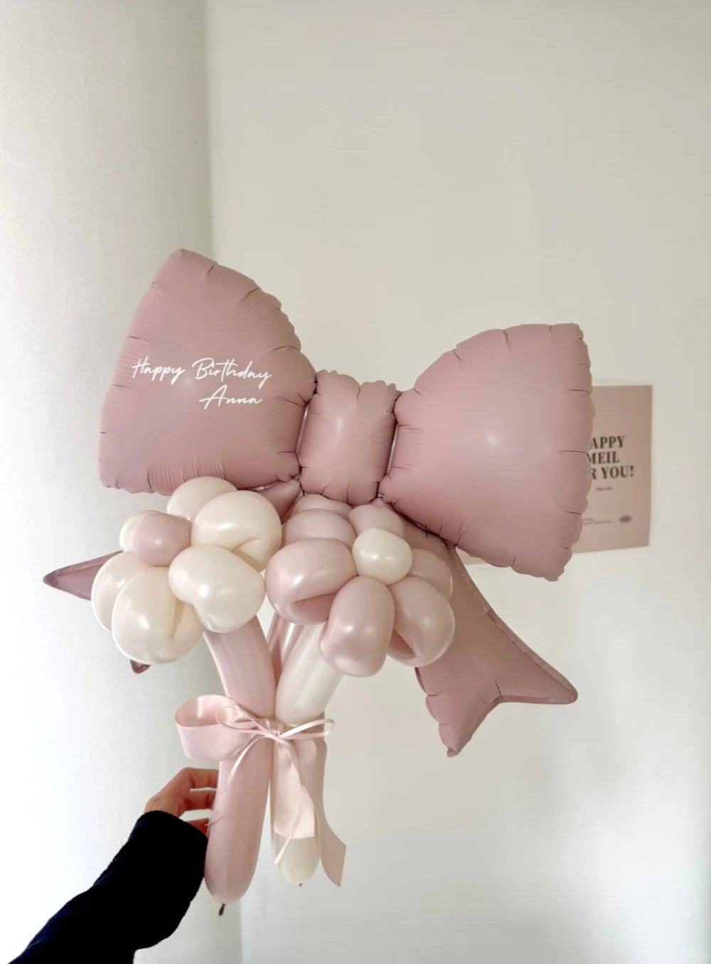【誕生日・記念日ギフト】ピンクリボン バルーンブーケ 3本 (ラインストーン選択可)｜全4色