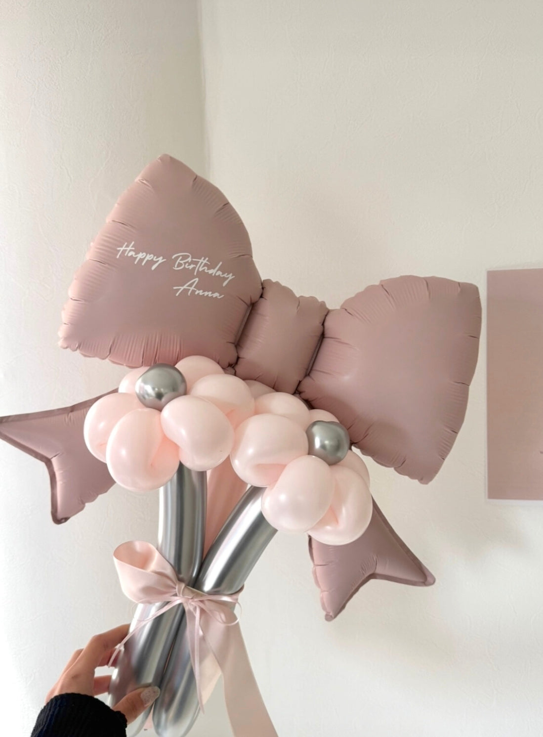 【卒業式・誕生日・記念日ギフト】ピンクリボン バルーンブーケ 3本 (ラインストーン選択可)｜03