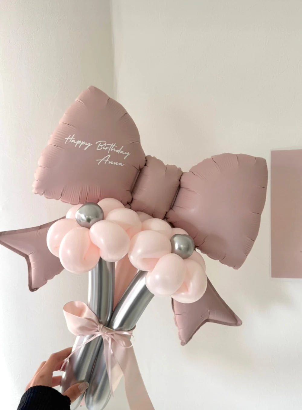 【誕生日・記念日ギフト】ピンクリボン バルーンブーケ 3本 (ラインストーン選択可)｜全4色