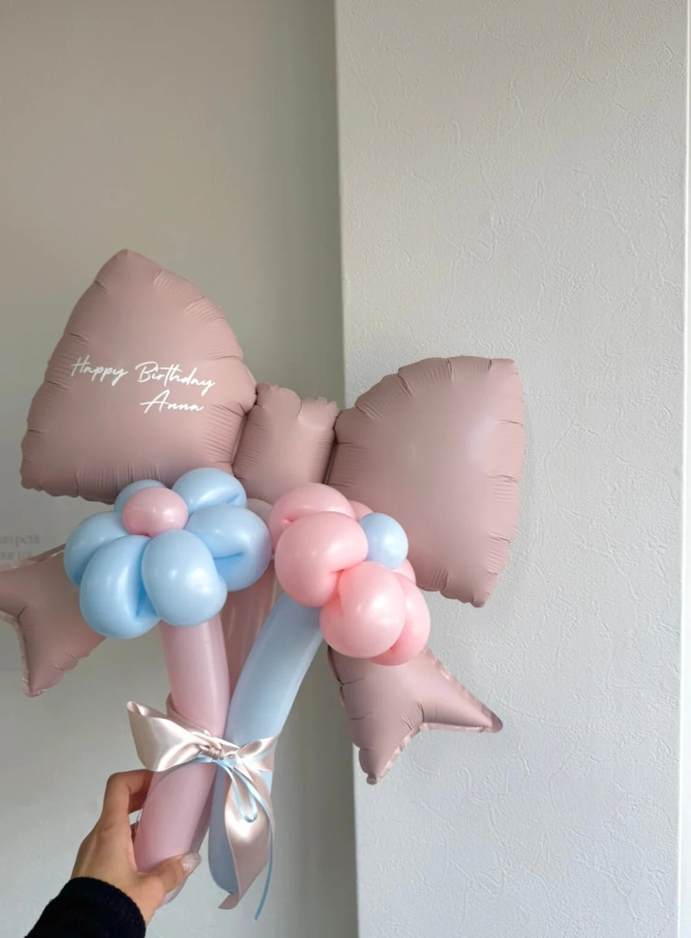 【誕生日・記念日ギフト】ピンクリボン バルーンブーケ 3本 (ラインストーン選択可)｜全4色