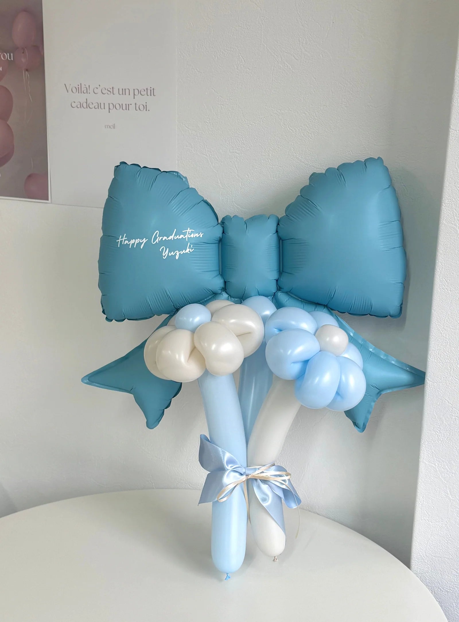 【卒業式・誕生日・記念日ギフト】水色リボン バルーンブーケ 3本 (ラインストーン選択可)｜全3色
