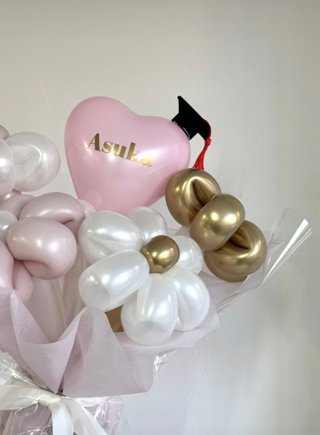 【卒業式】卒業帽 ミニハートバルーンフラワーブーケ ラッピングver｜全42色