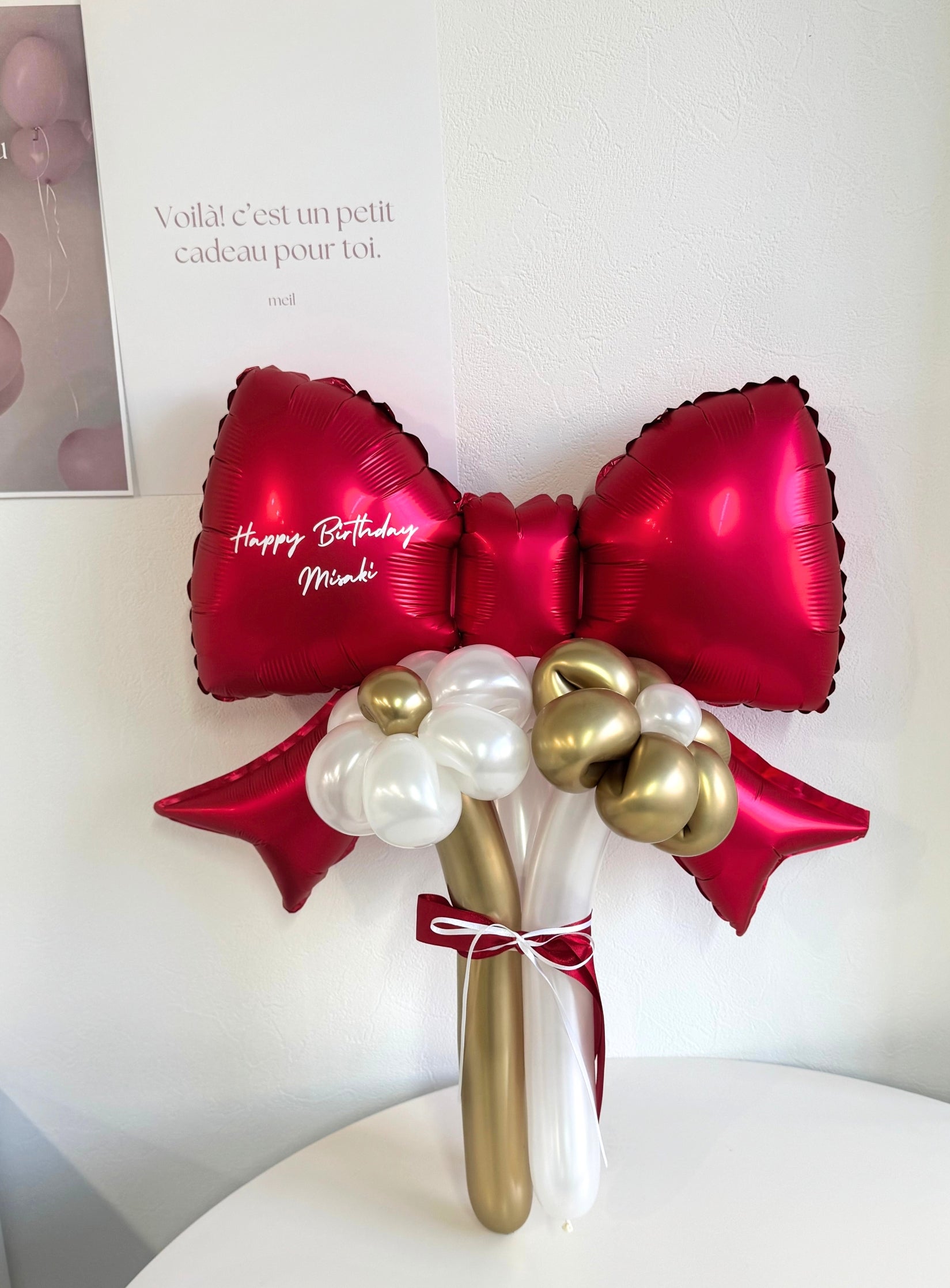 【卒業式・誕生日・記念日ギフト】赤リボン バルーンブーケ 3本 (ラインストーン選択可)｜01