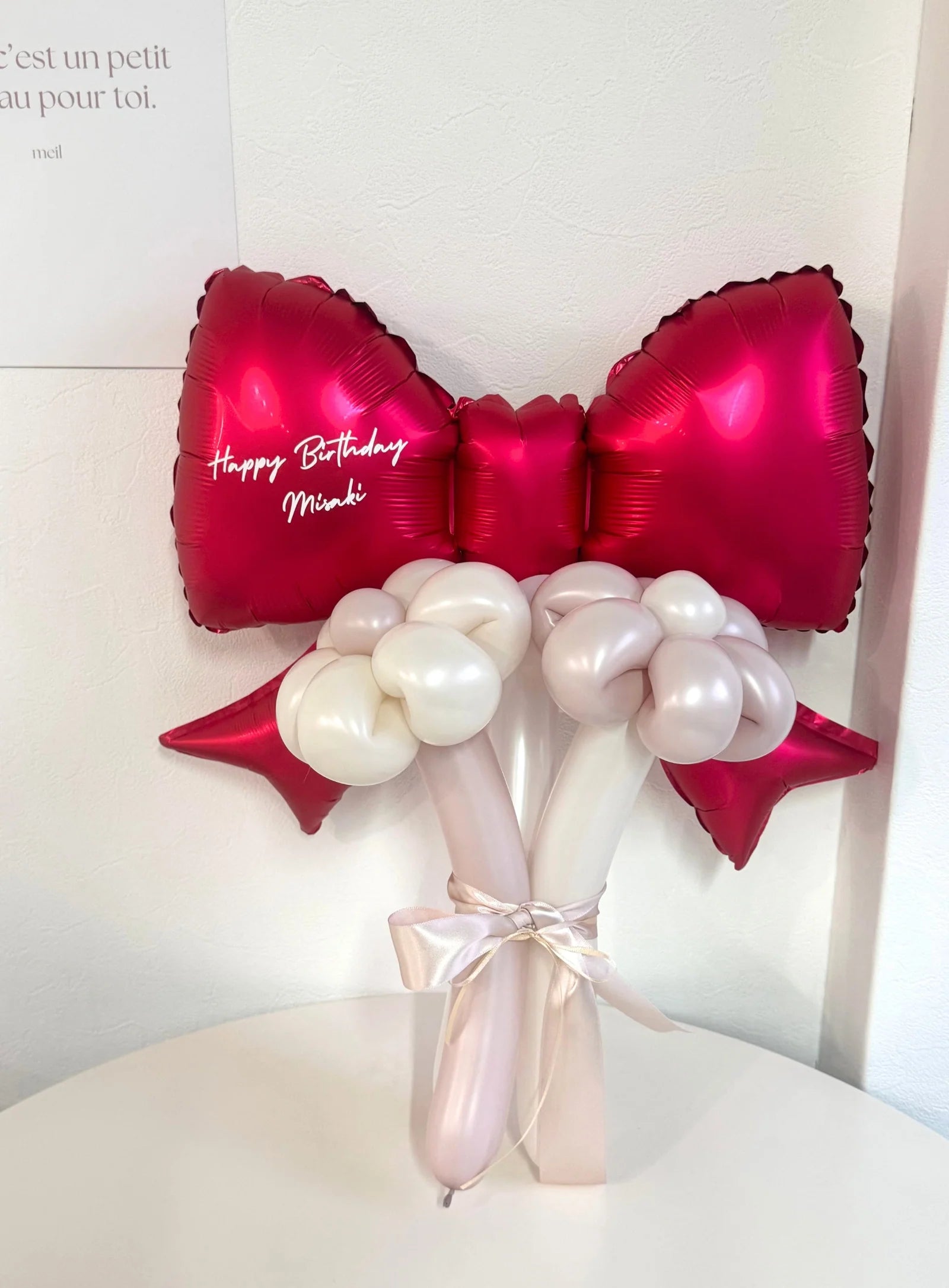 【卒業式・誕生日・記念日ギフト】赤リボン バルーンブーケ 3本 (ラインストーン選択可)｜全2色