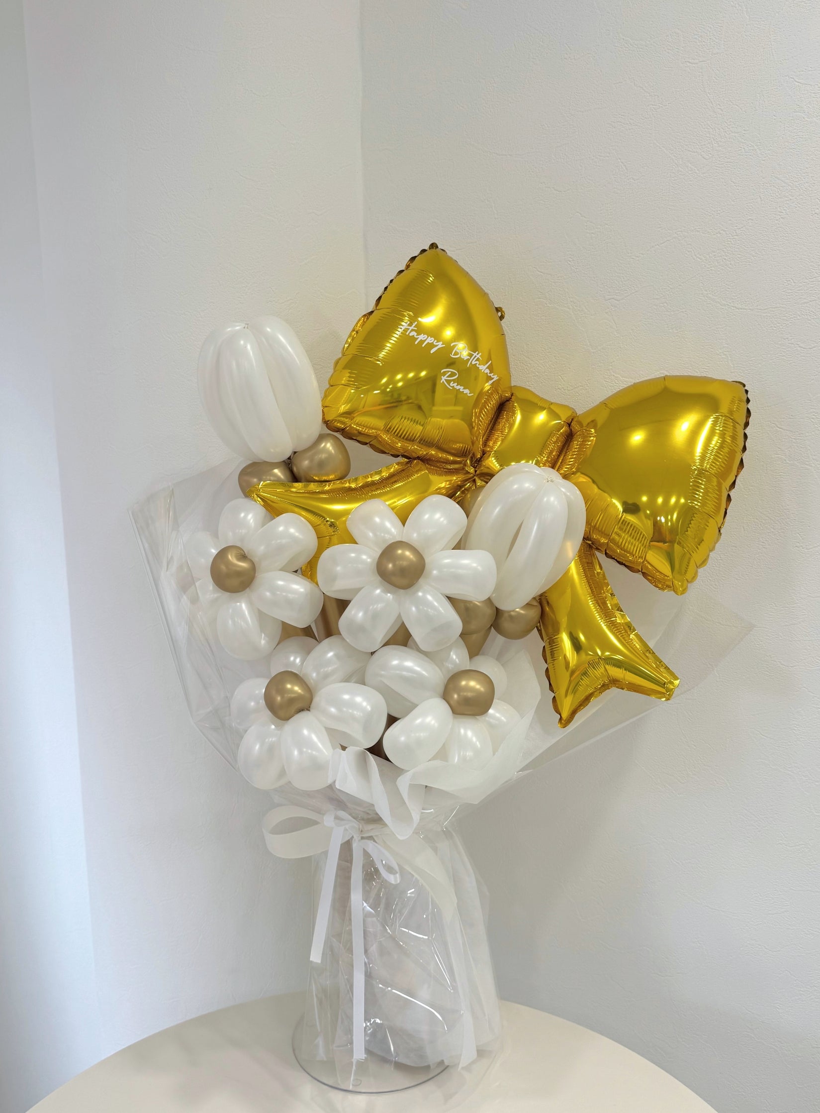 【卒業式】ゴールドリボン バルーンフラワーブーケ（ラッピング付き・ラインストーン選択可）｜全42色