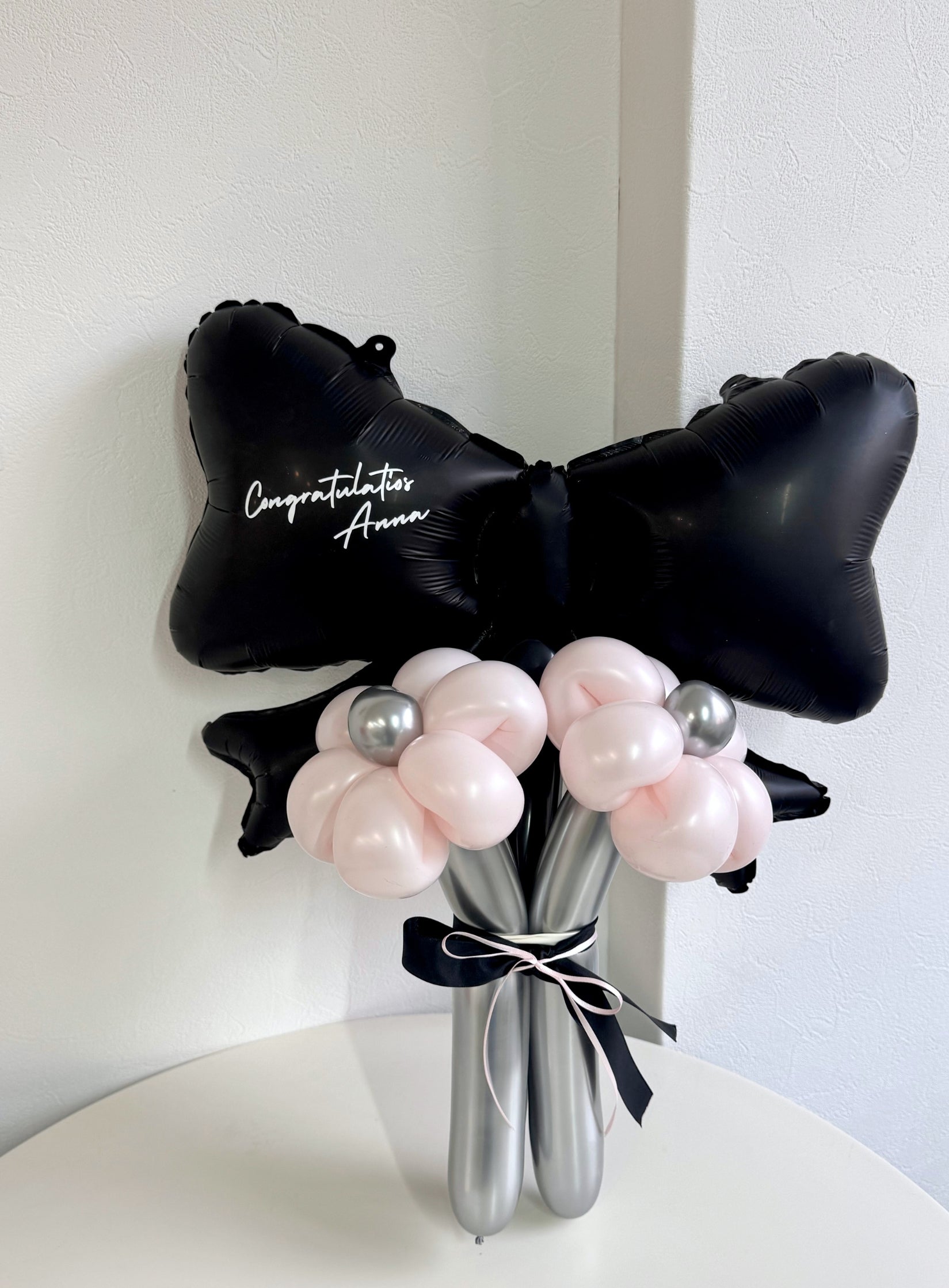 【卒業式・誕生日・記念日ギフト】黒リボン バルーンブーケ 3本 (ラインストーン選択可)｜06