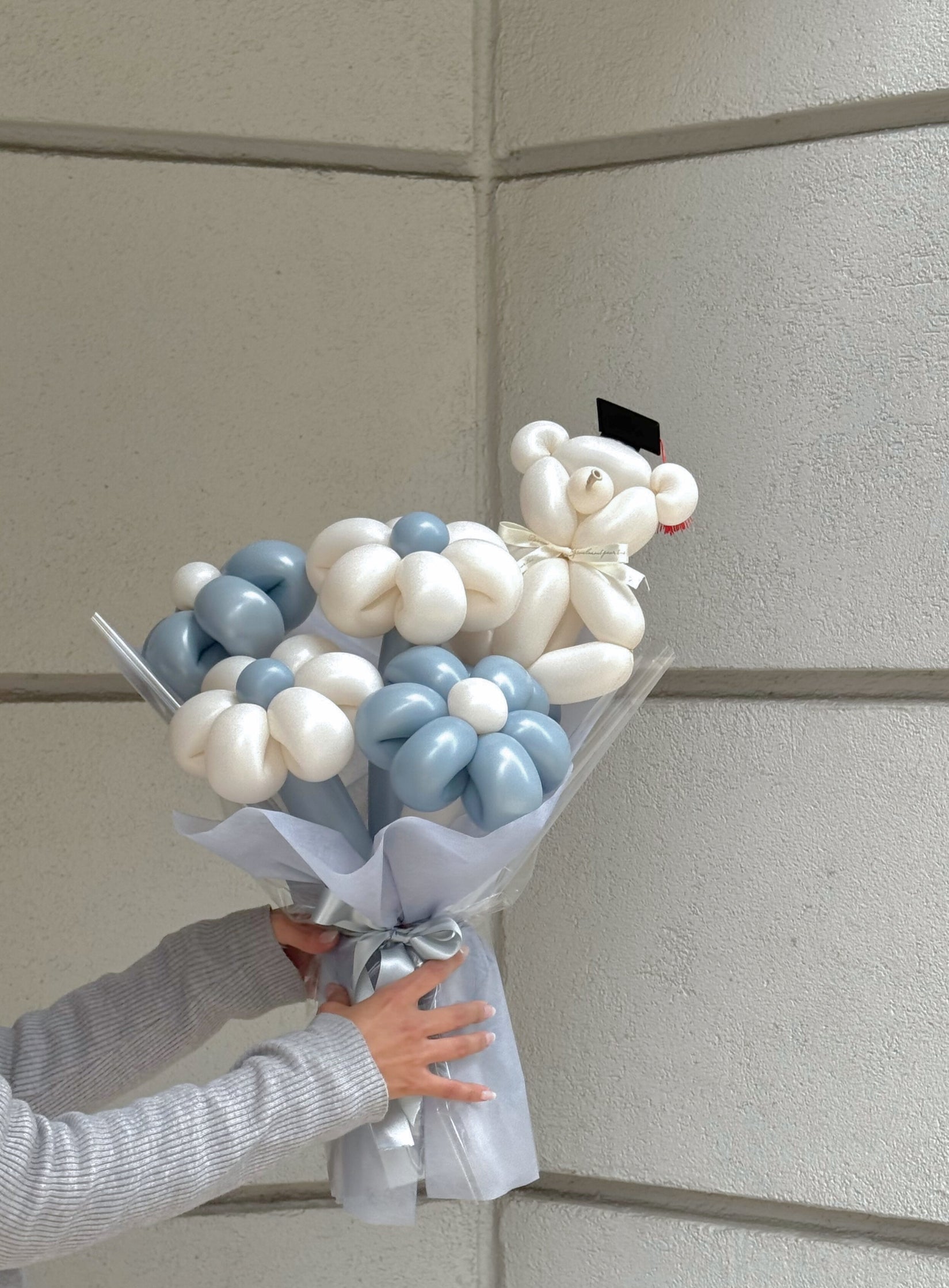 【卒業式】卒業帽 くま バルーンフラワーブーケ 5本 ラッピングver｜全42色