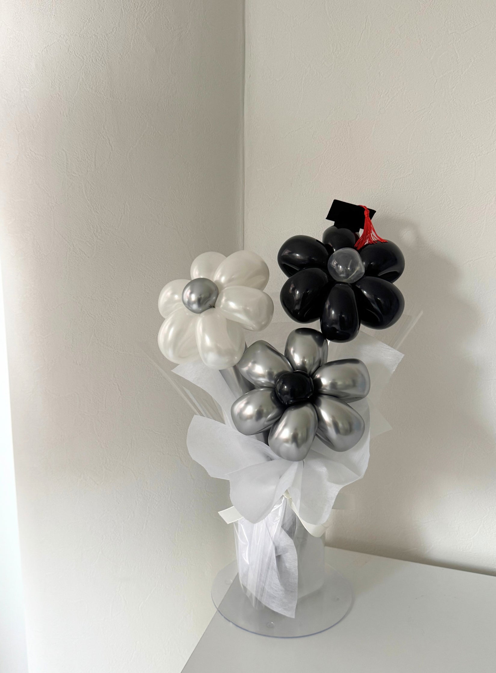 【卒業式】卒業帽　バルーンフラワーブーケ 3本 ラッピングver｜全37色