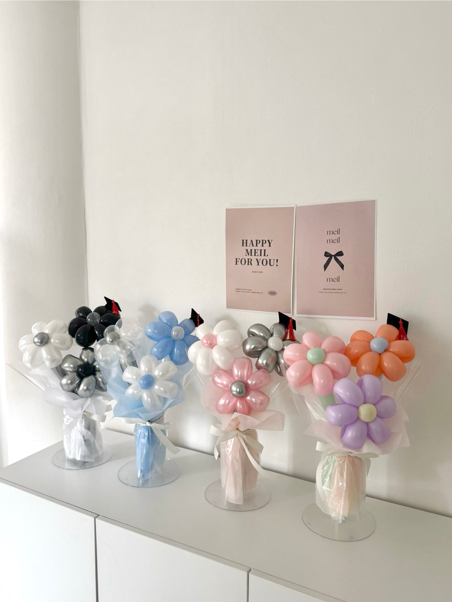 【卒業式】卒業帽　バルーンフラワーブーケ 3本 ラッピングver｜全37色